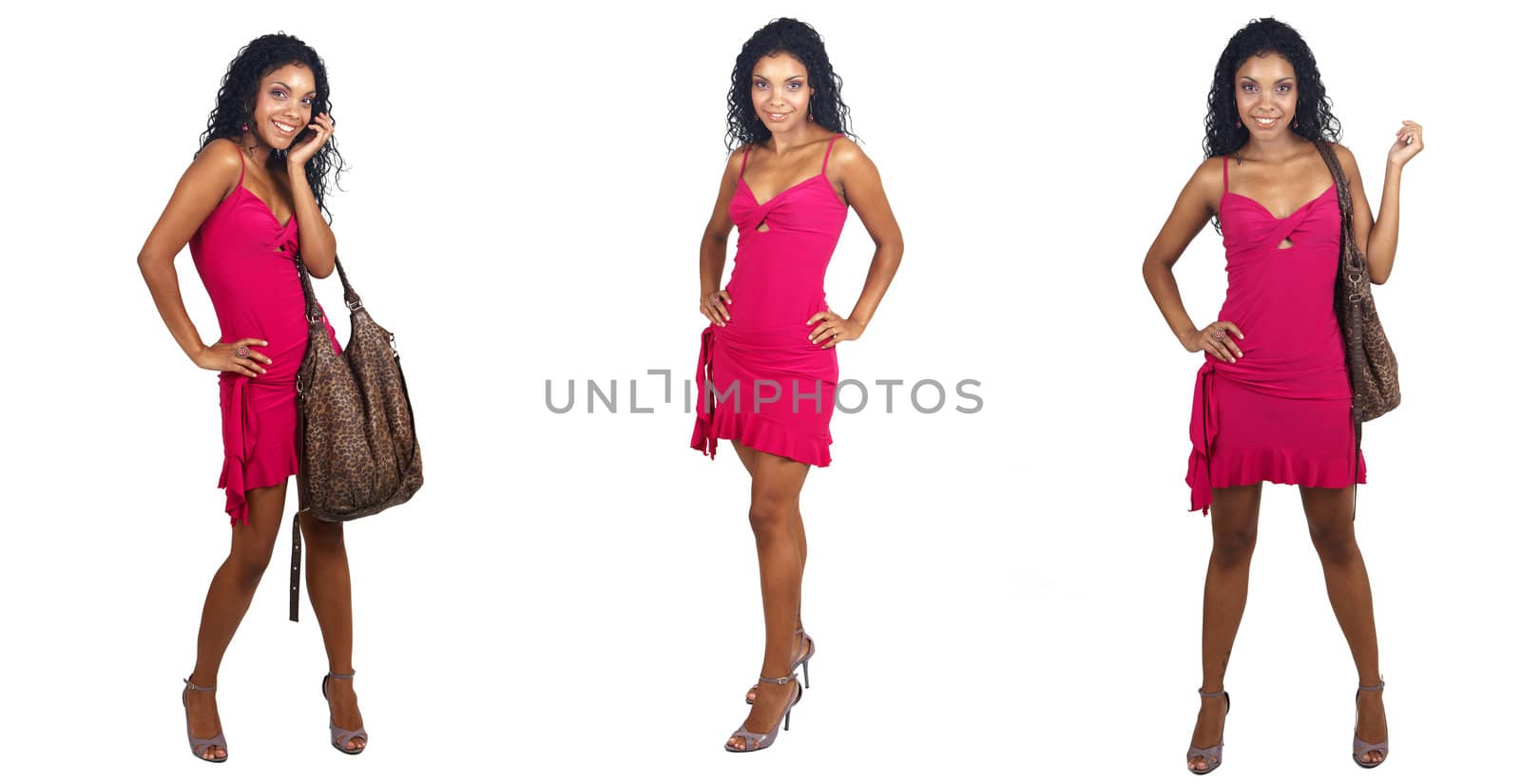 Beautiful brunette woman wearing pink cocktail dress in various poses smiling on white background. Not isolated 