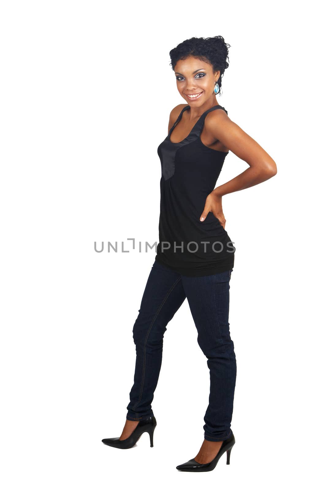 Beautiful brunette woman wearing party clothes and accessories smiling on white background