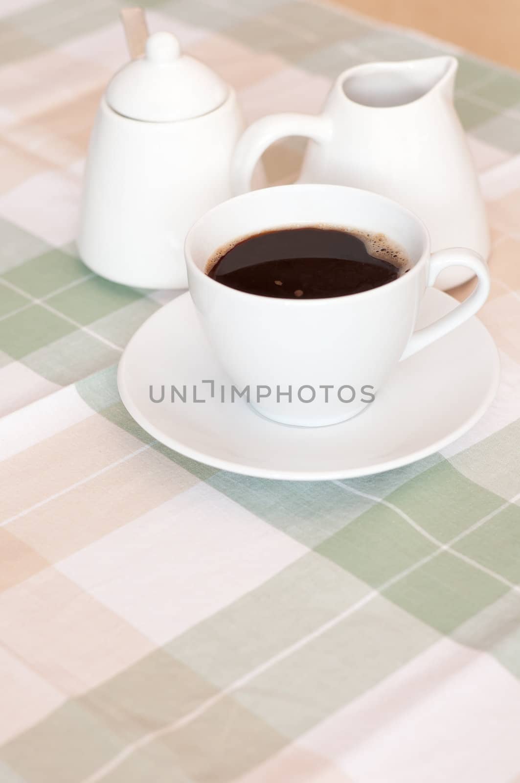 Coffee in the White Cup With Sugar Bowl and 