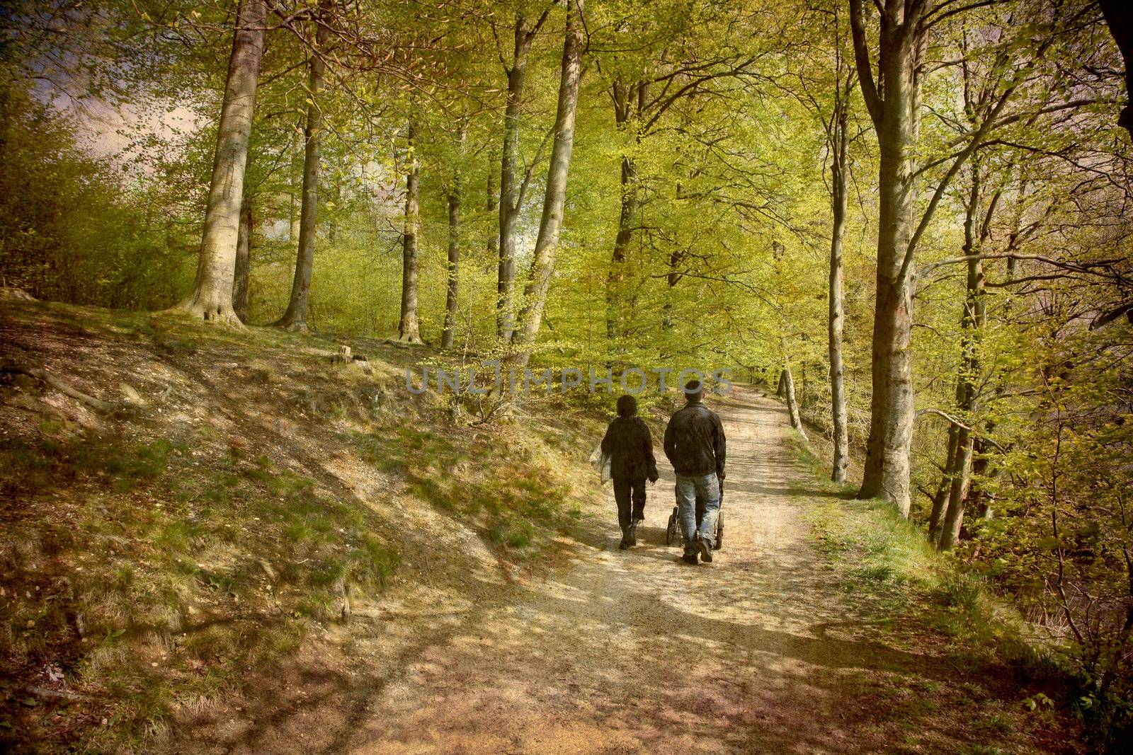 Artistic work of my own in retro style - Postcard from Denmark. - Family walk in the spring Beech forest. More of my images worked together to reflect age and time.
