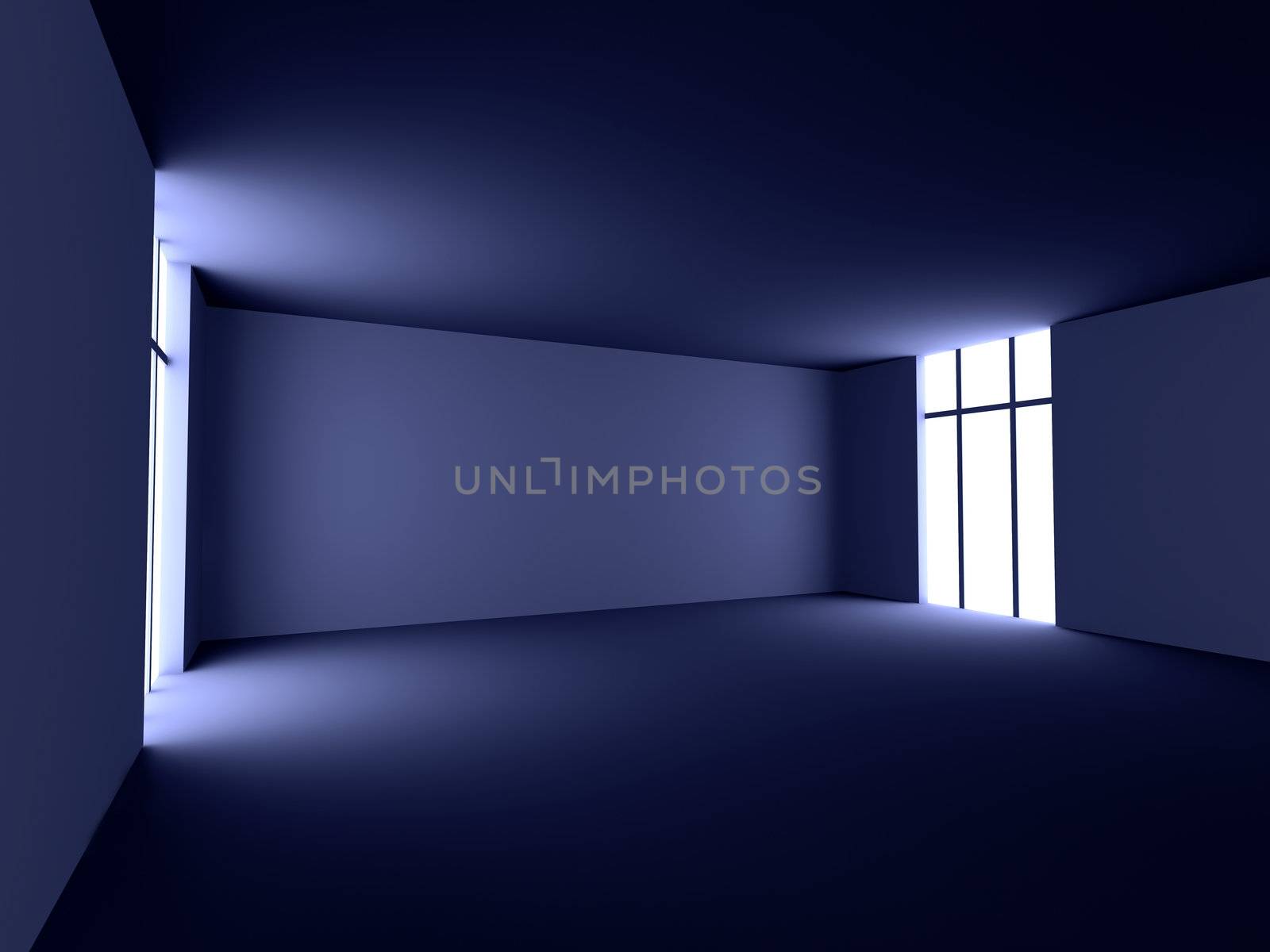 3D rendered Interior. An dark, empty room. 