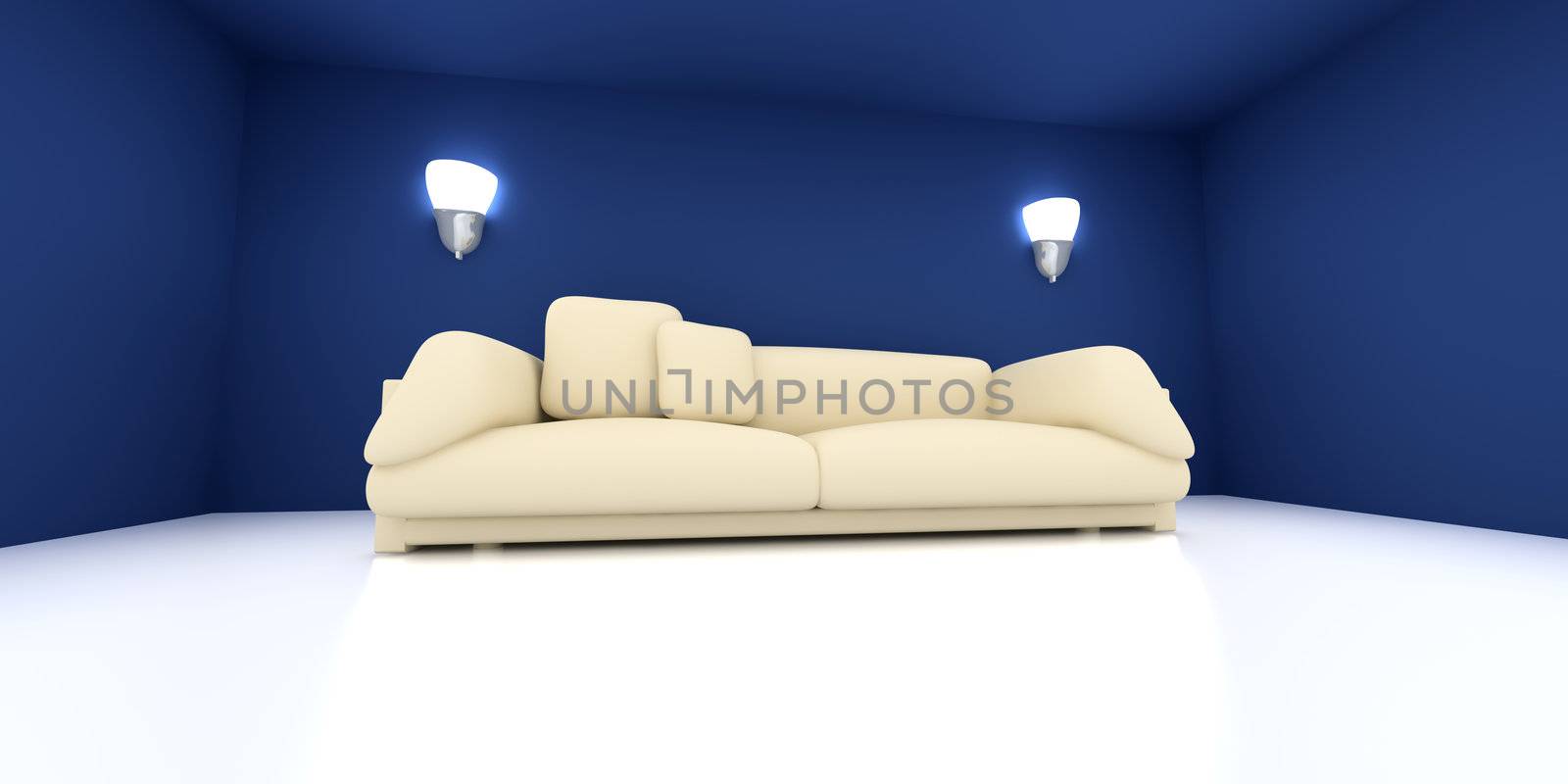 3D rendered Interior. A Sofa in a blue room. 