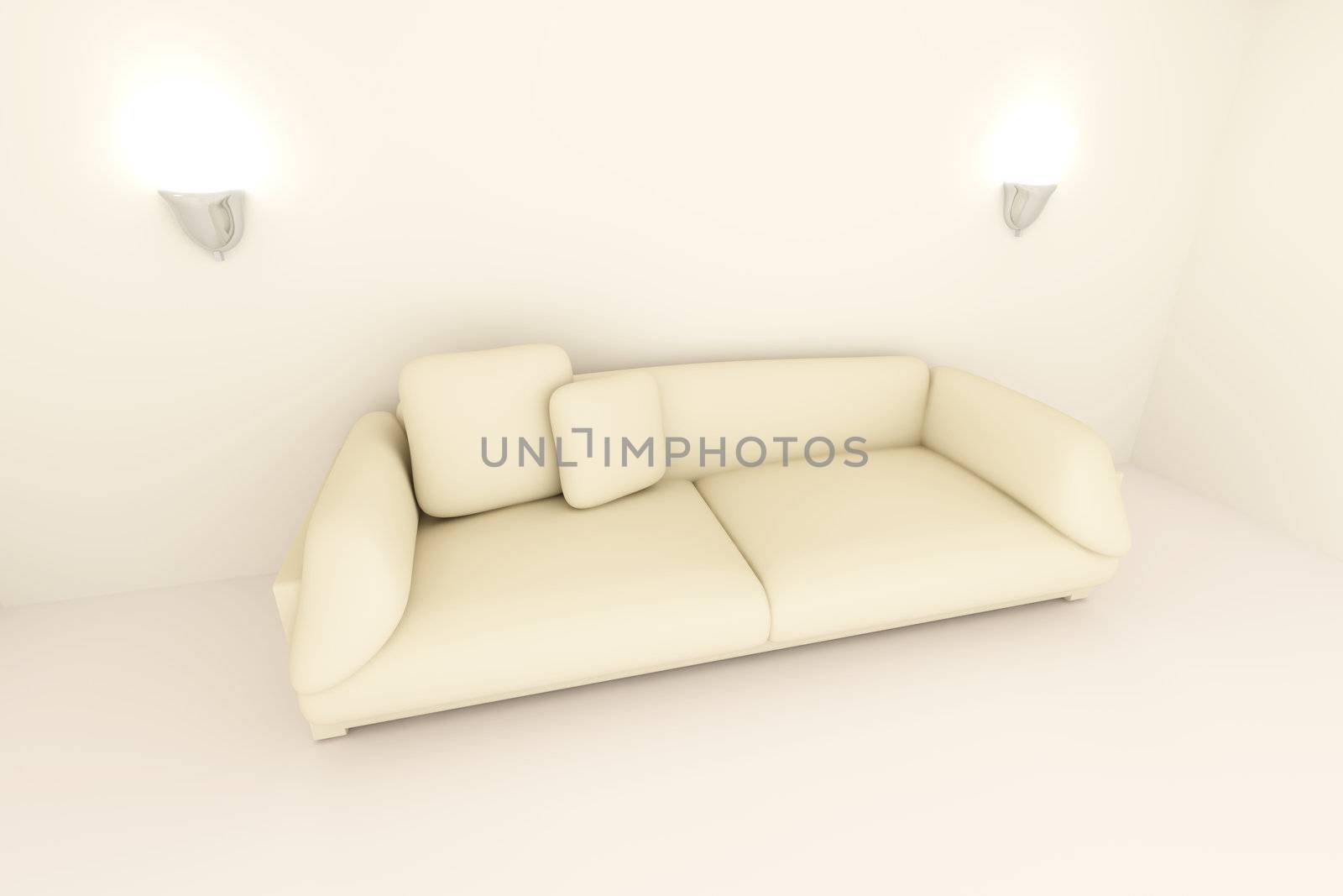 3D rendered Interior. A Sofa in a beige room. 