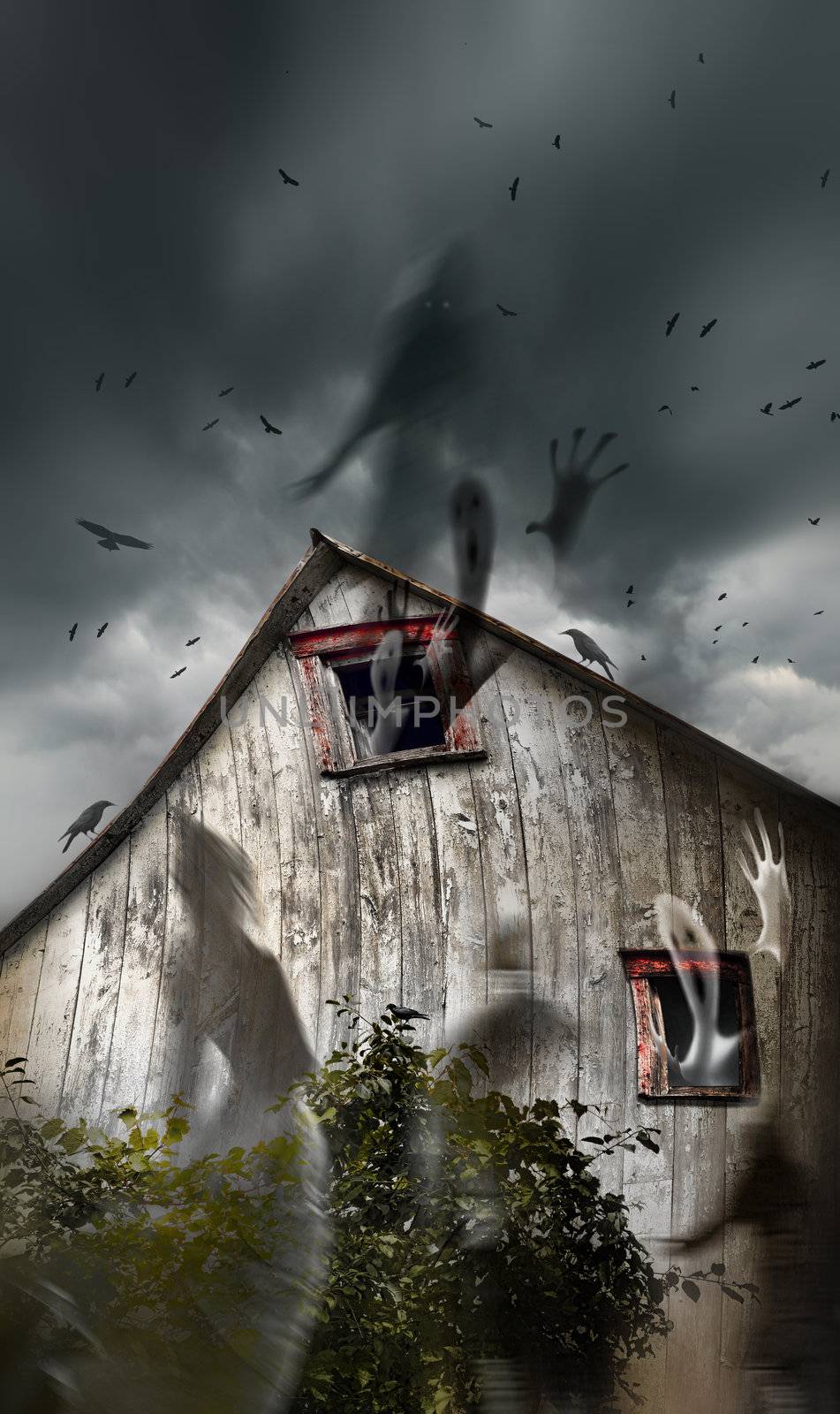 Haunted old barn with ghosts flying and dark skies