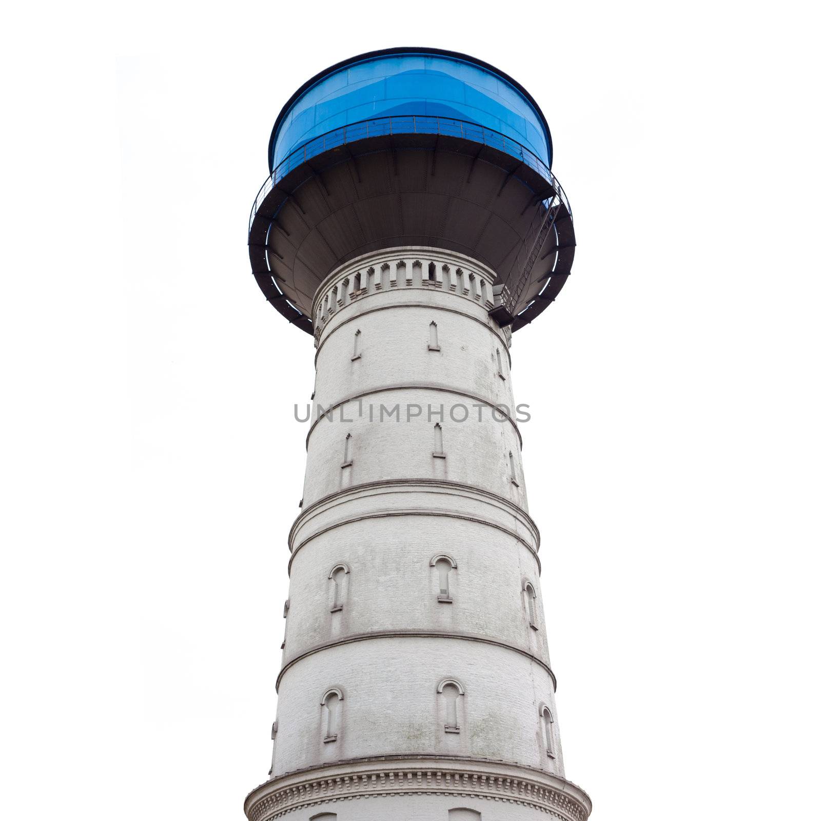 Historic water reservoir brick tower landmark still in use (isolated on white).