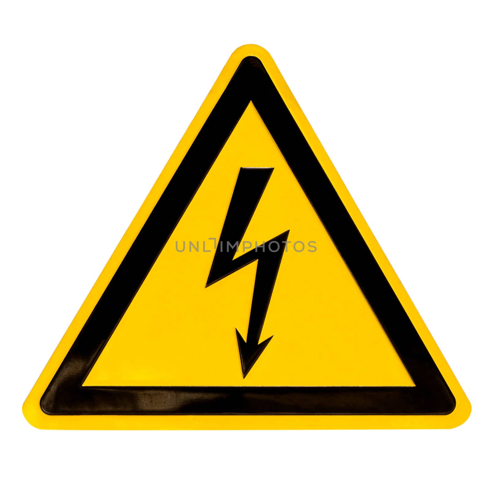 Real metal high voltage danger sign isolated on white