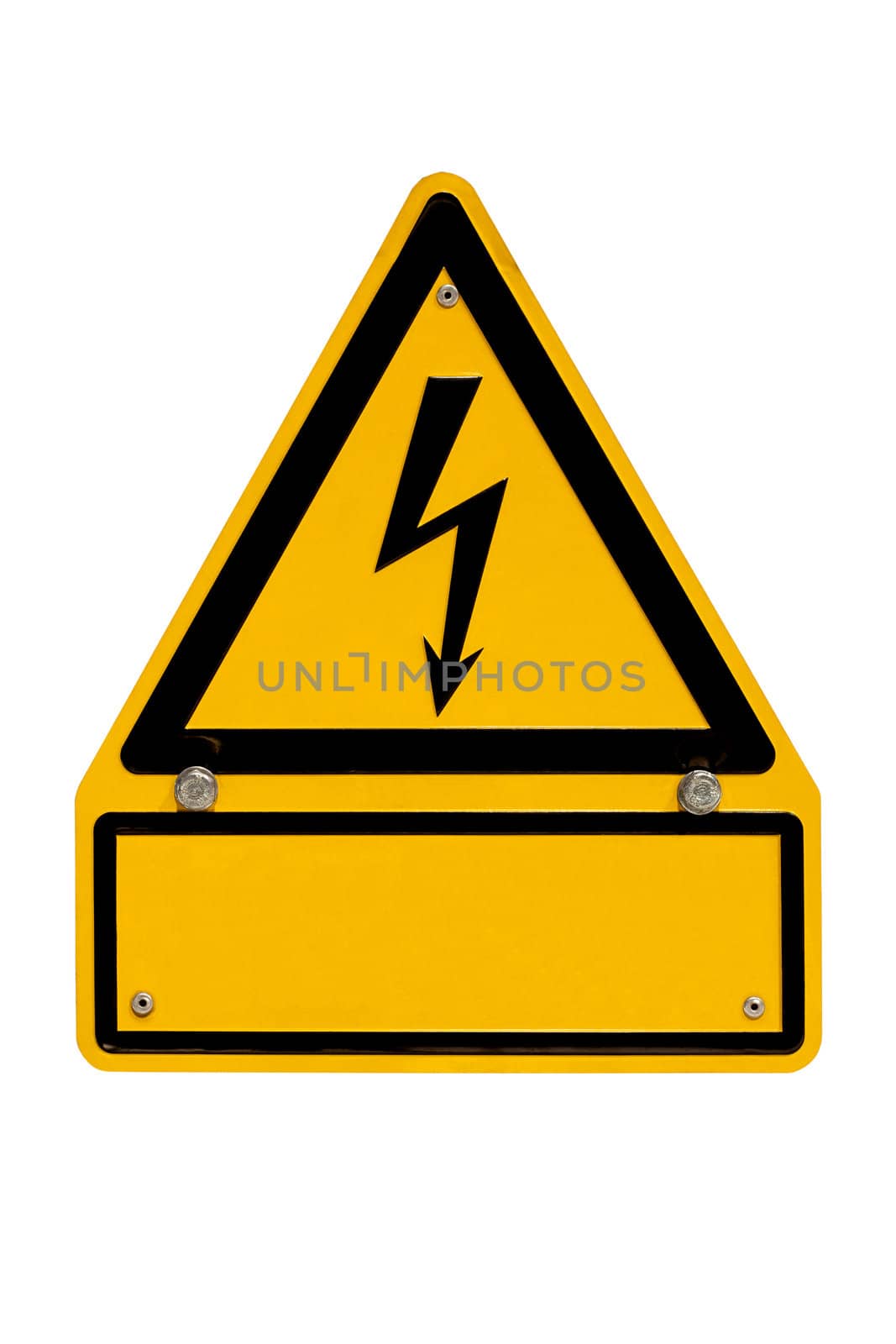 Real metal high voltage danger sign isolated on white with blank copyspace for your message.