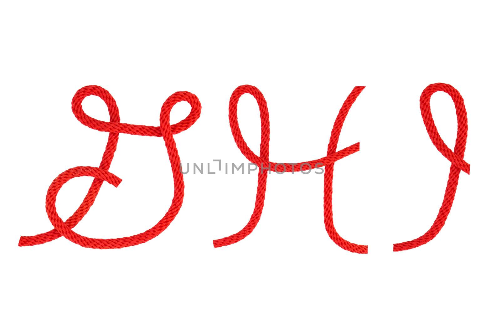 Red fiber rope bent in the form of letter G,H,I