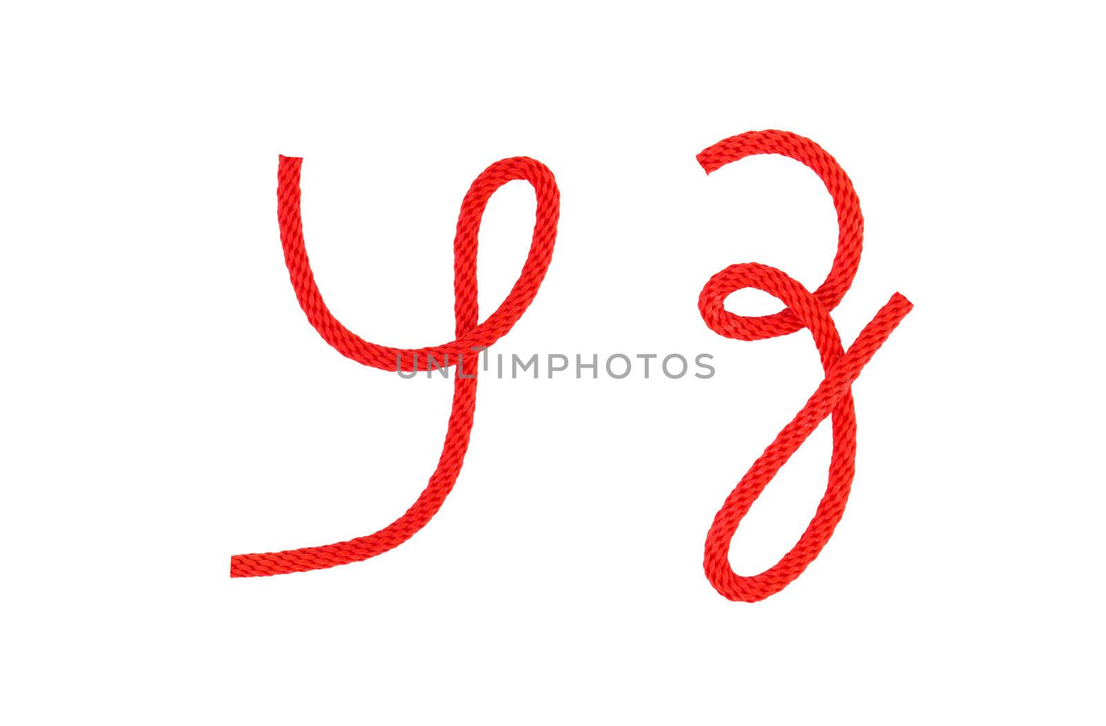 Red fiber rope bent in the form of letter Y,Z