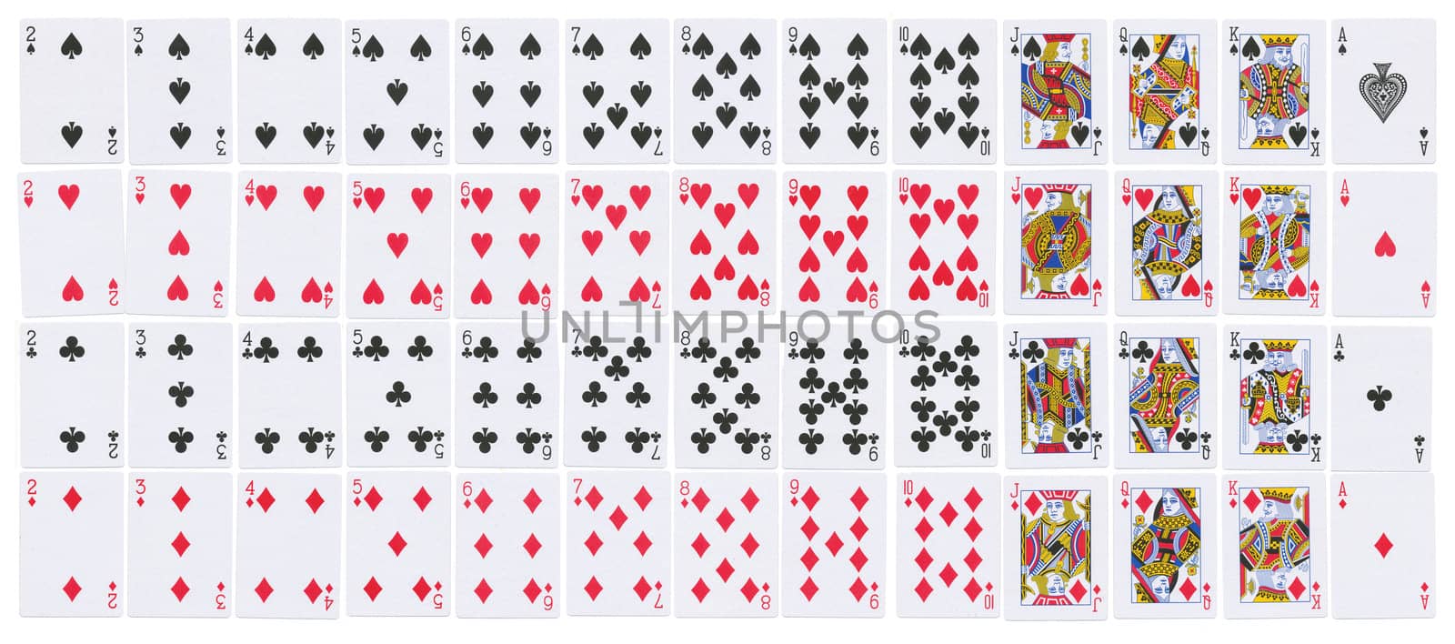 Full deck of playing cards isolated on white