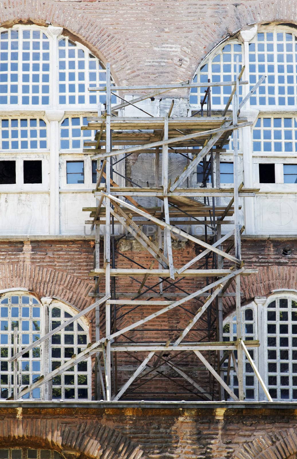 June 2011 architectural detail rickerty wooden scaffold at Hagia Sophia Istanbul Turkey