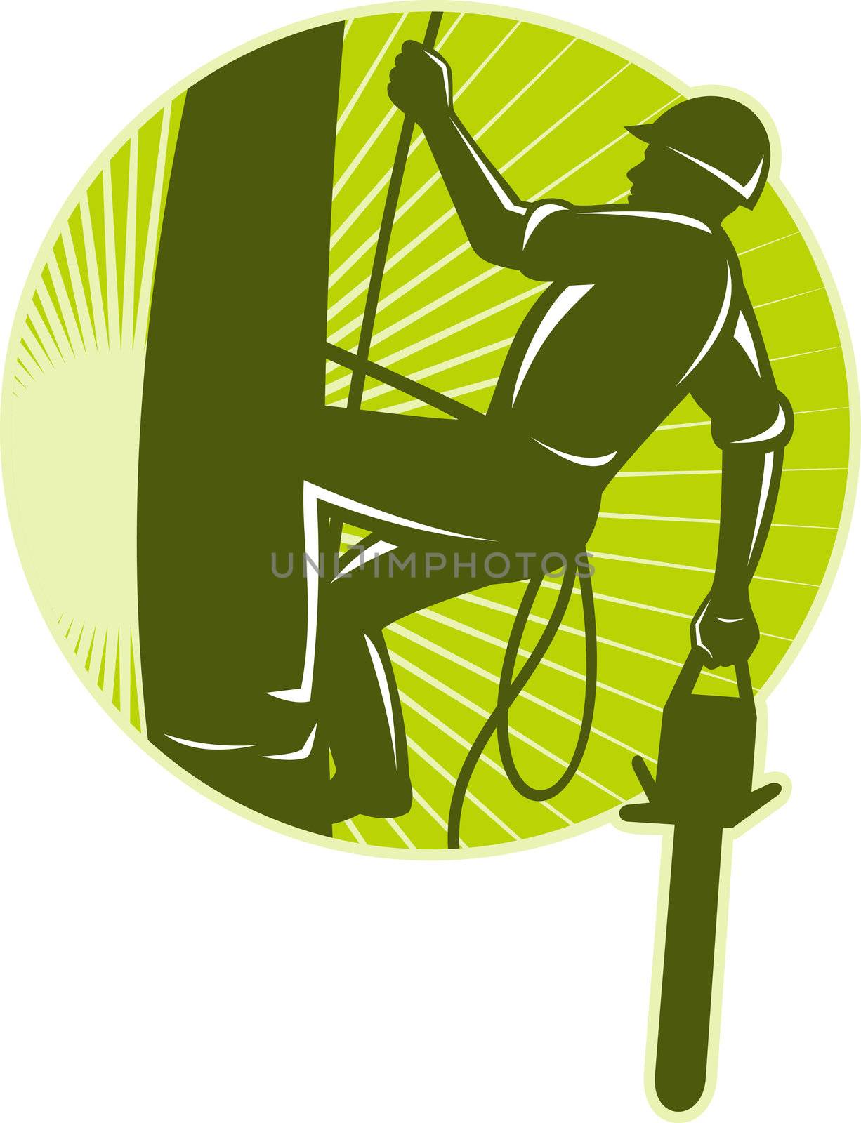 illustration of an arborist tree surgeon with chainsaw climbing a tree done in retro style set inside circle
