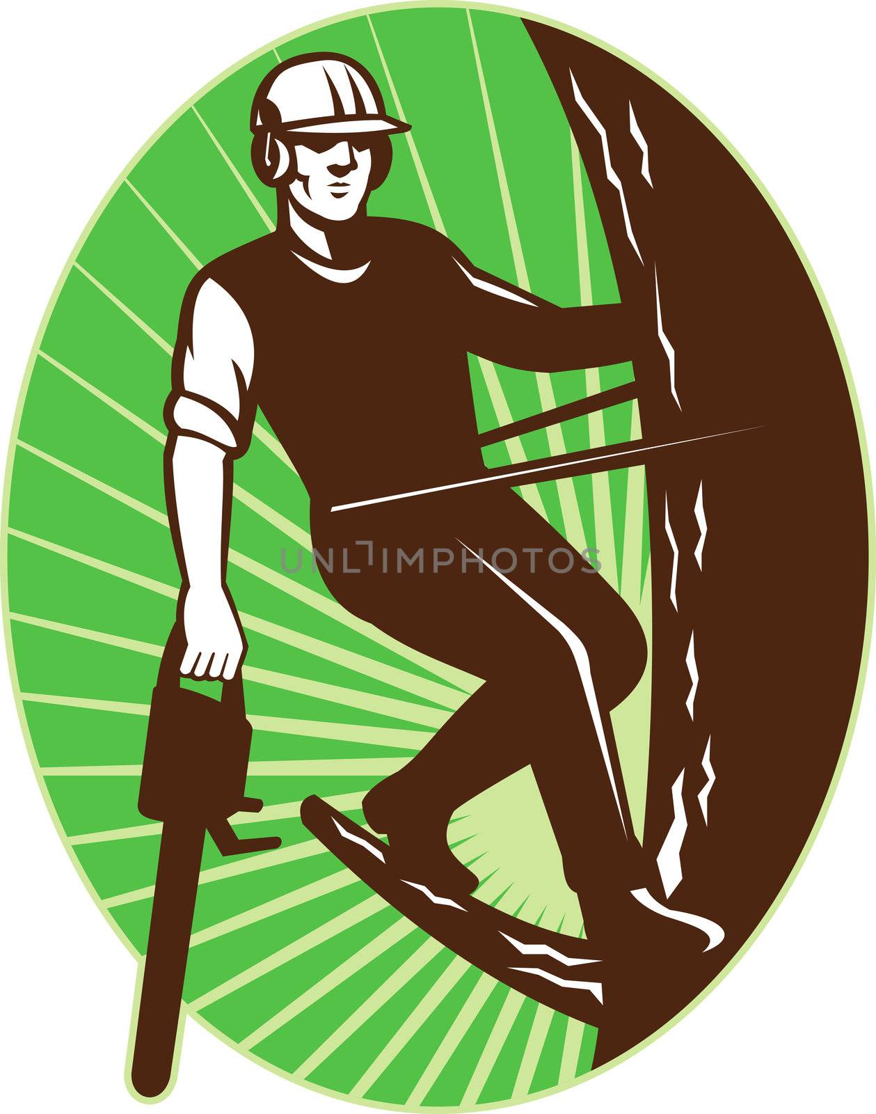 illustration of an arborist tree surgeon with chainsaw climbing a tree done in retro style set inside an ellipse
