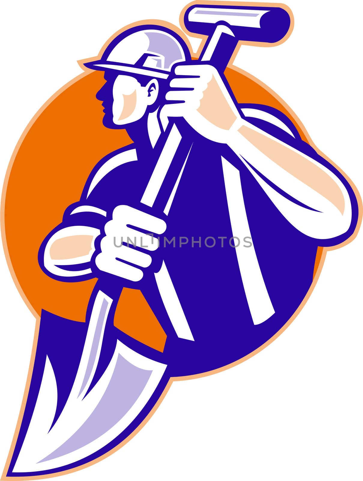 illustration of a construction worker holding a shovel spade  done retro style set inside a circle on isolated background
