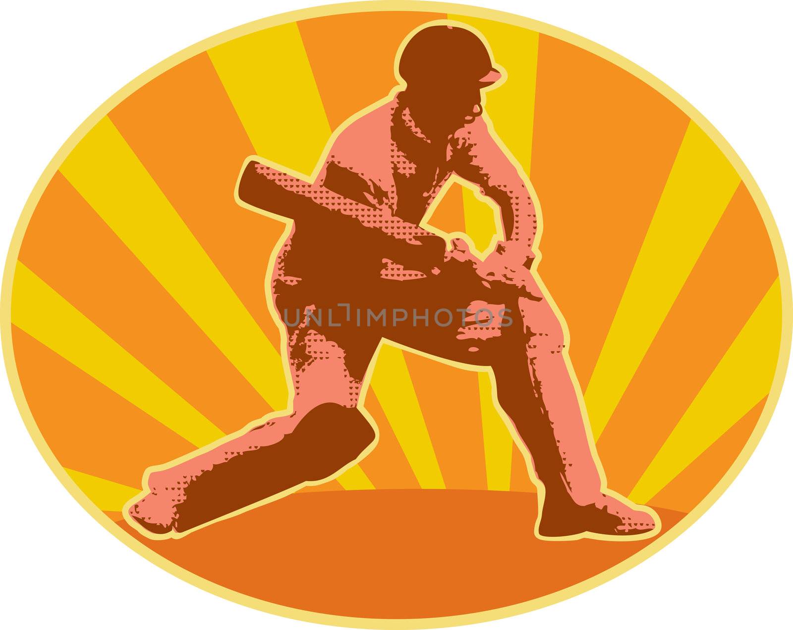 graphic design illustration of a cricket player batsman batting done in retro style with sunburst in background set inside ellipse
