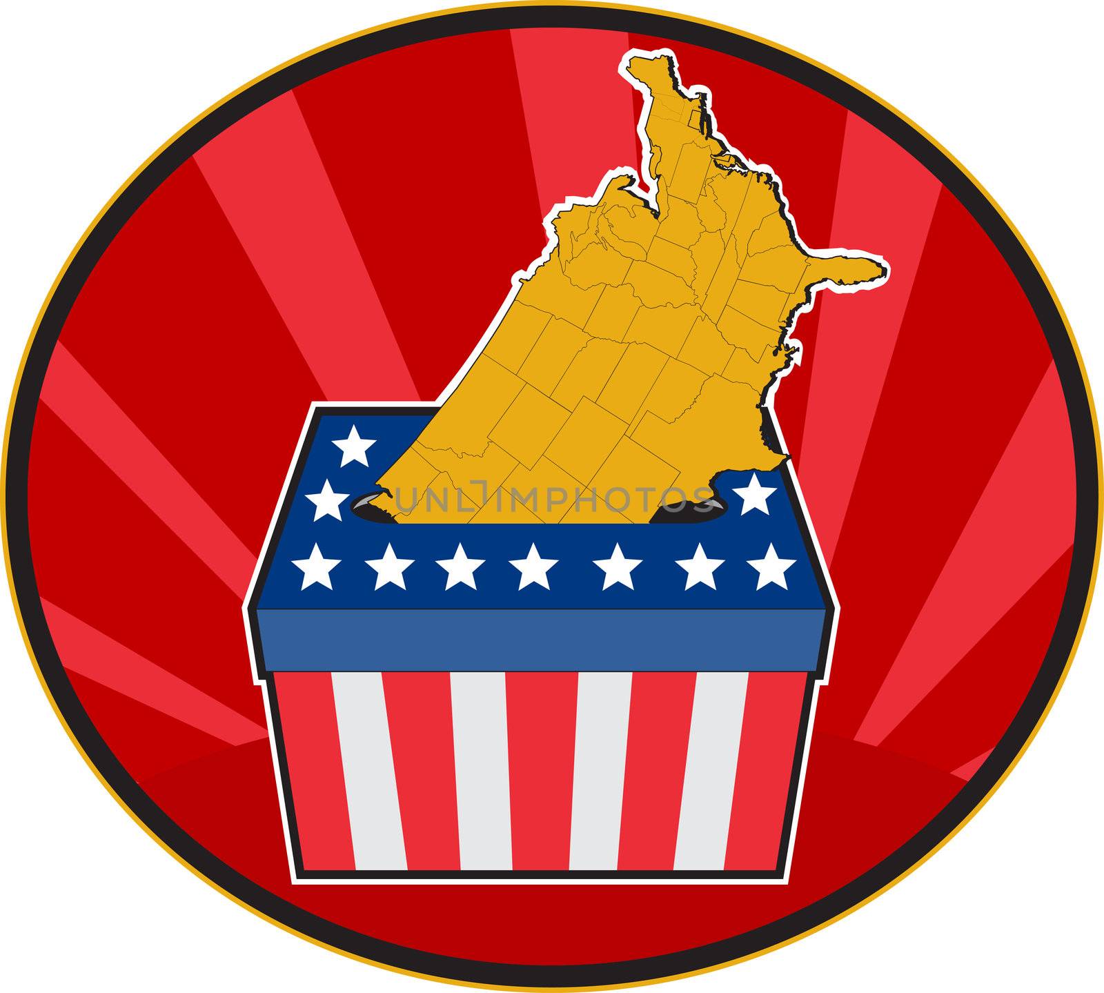 illustration of an election ballot box with American stars and stripes flag and map of United States of America set inside an ellipse with sunburst in background