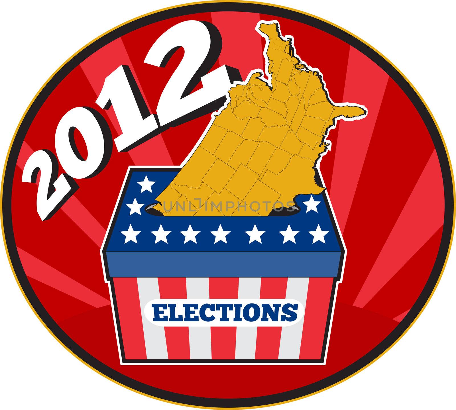 illustration of an election ballot box with American stars and stripes flag and map of United States of America set inside an ellipse with sunburst in background and words 2012