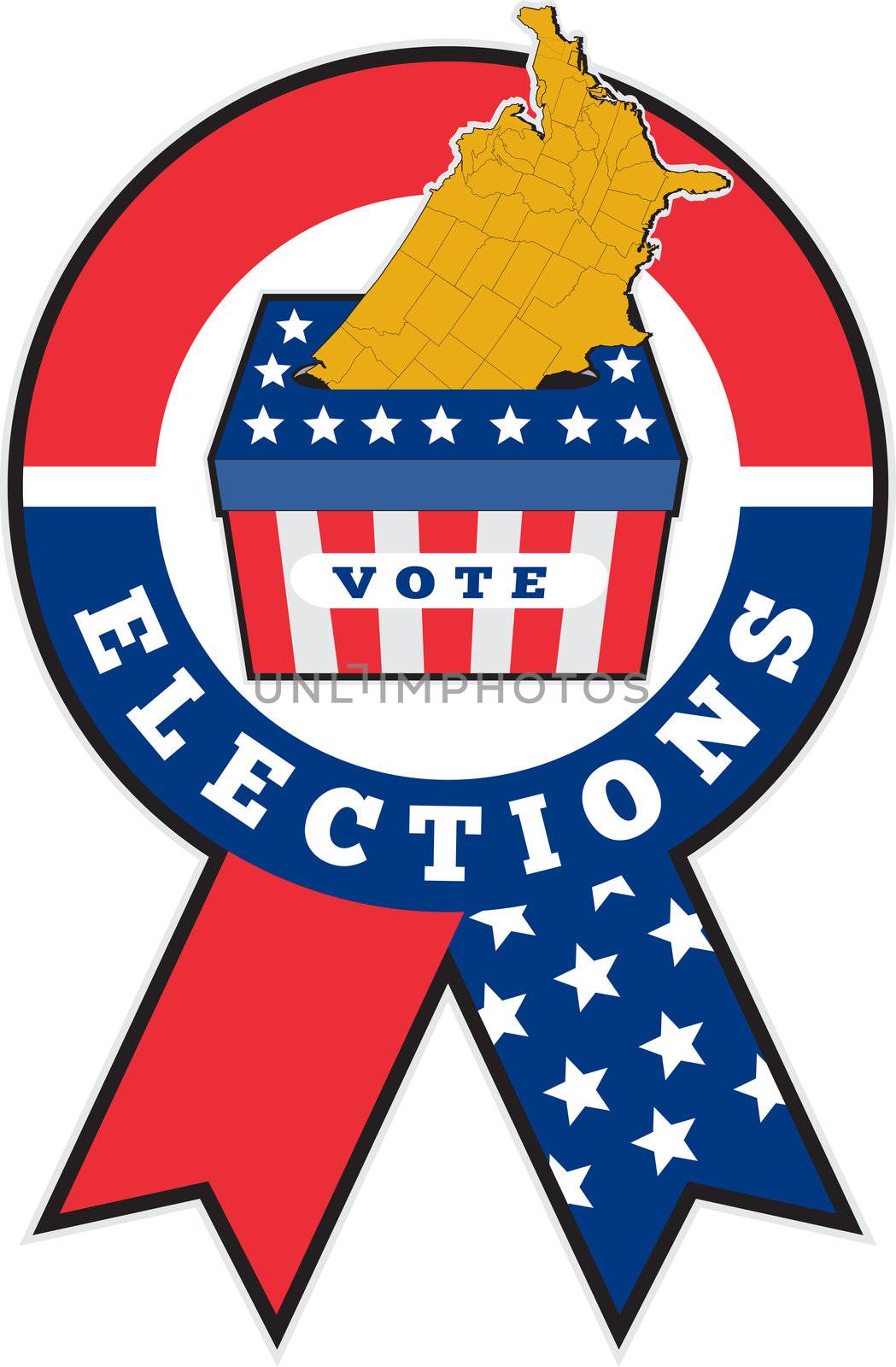 illustration of a ribbon showing election ballot box with American stars and stripes flag and map of United States of America with words vote elections 