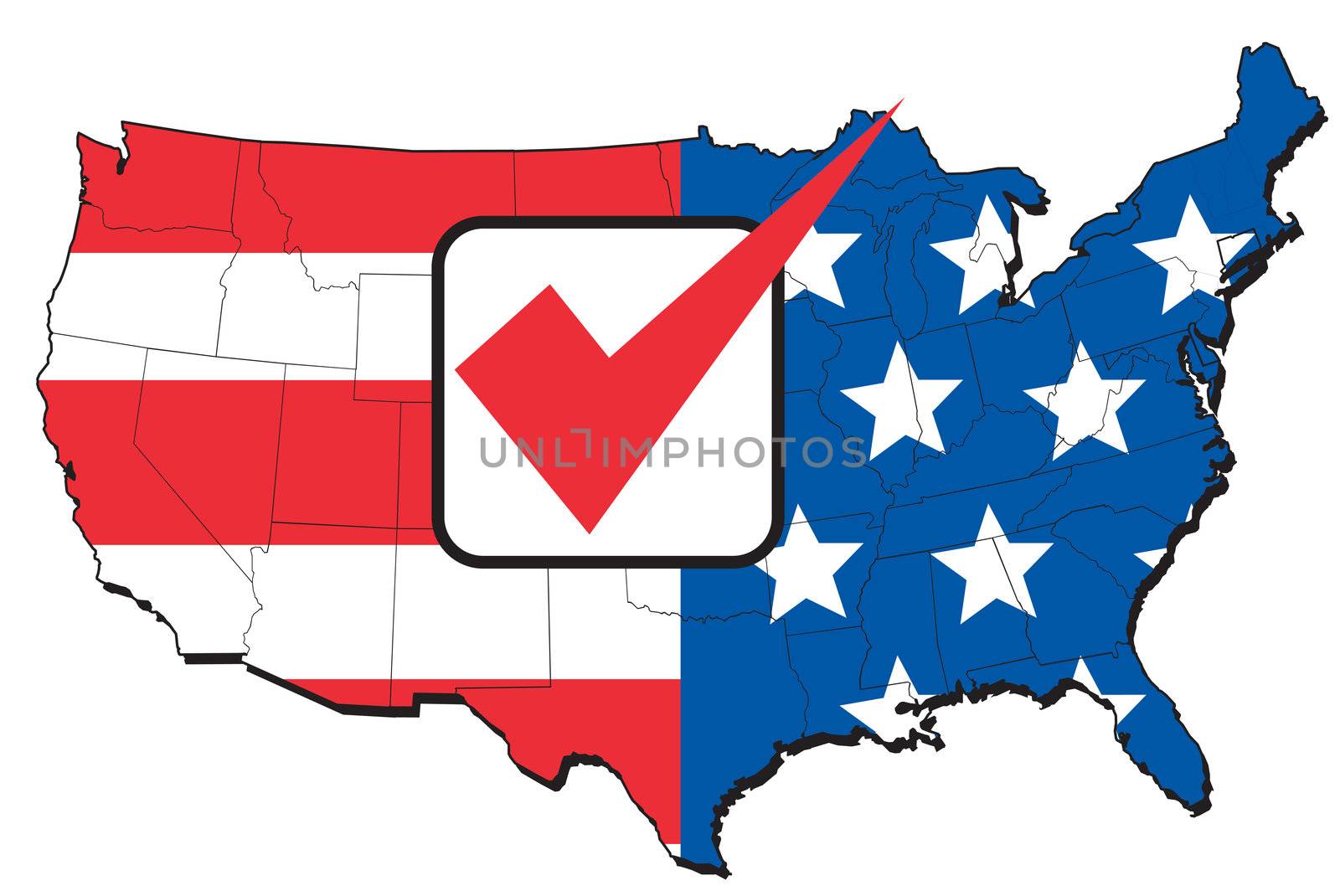 illustration of map of United States of America with stars and stripes American flag and tick mark