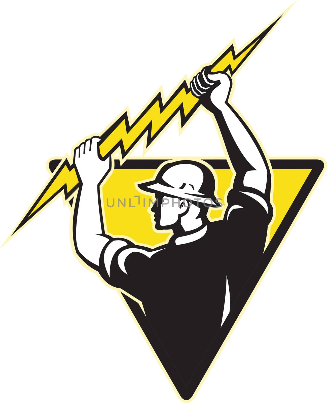 illustration of an electrician power lineman holding electric lighting bolt set inside triangle on isolated background done in retro style..
