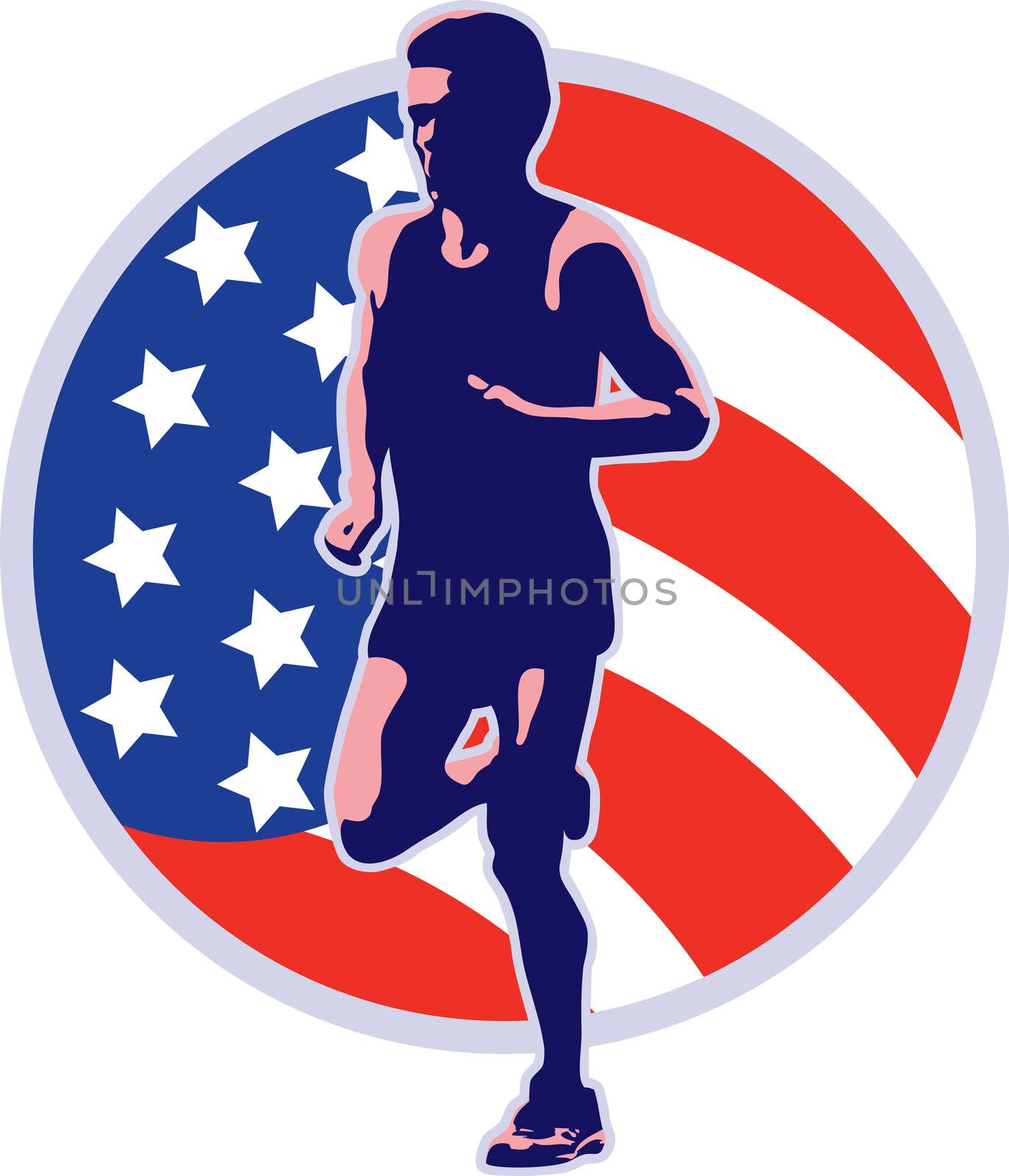 illustration of a marathon runner running jogging with American stars and stripes flag set inside circle on isolated white background done in retro style