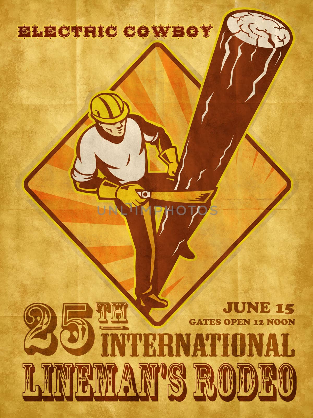 poster illustration of  power lineman electrician repairman worker climbing electric utility pole viewed from a high angle with words international lineman rodeo grunge style

