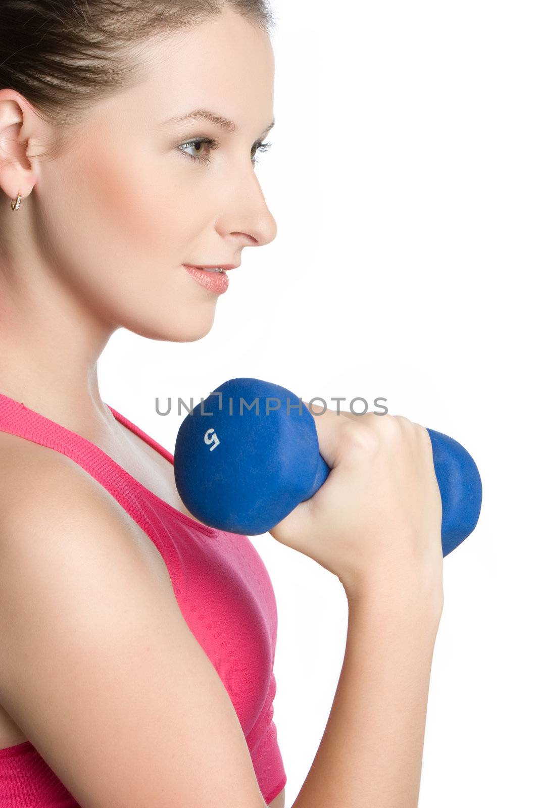 Healthy exercising woman lifting weights