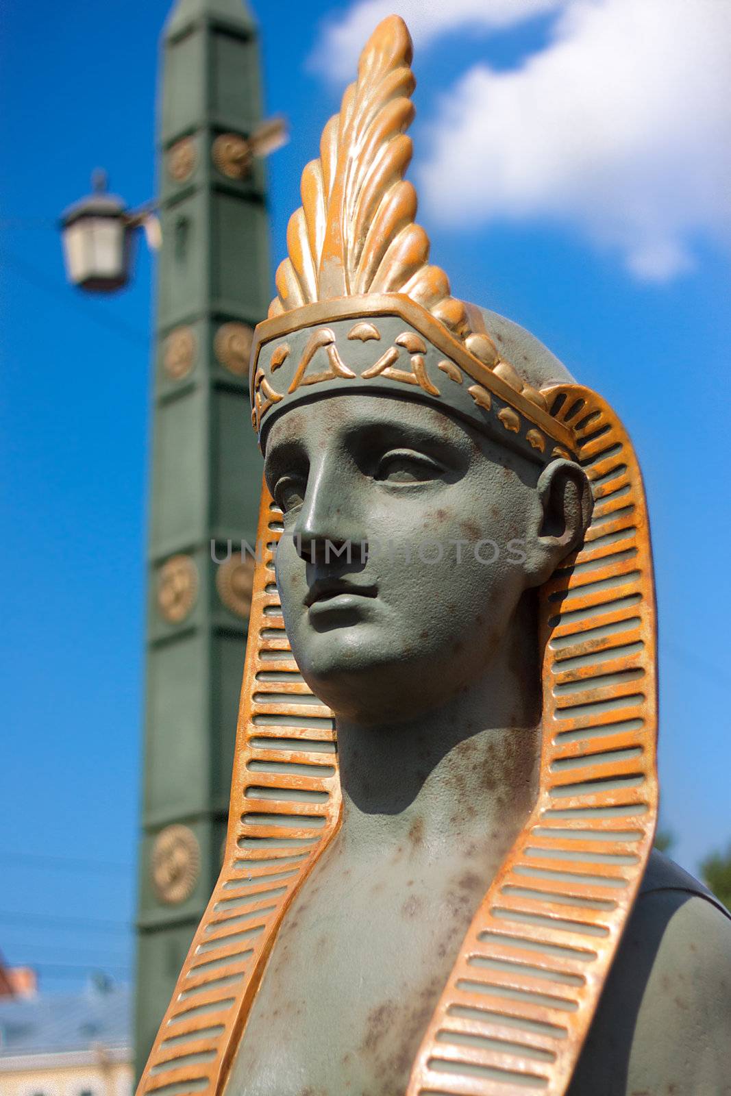 Sphinx on Egyptian bridge in St. Petersburg. Fontanka River Embankment