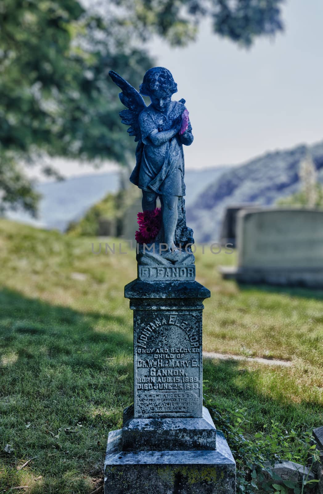 Statue above grave of dead girl in 1893 in Harpers Ferry with flowers in remembrance