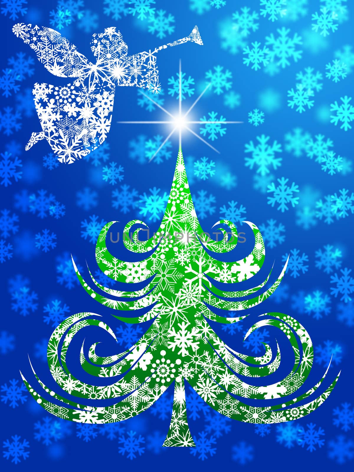 Snowflakes Angel with Trumpet Over Christmas Tree Illustration