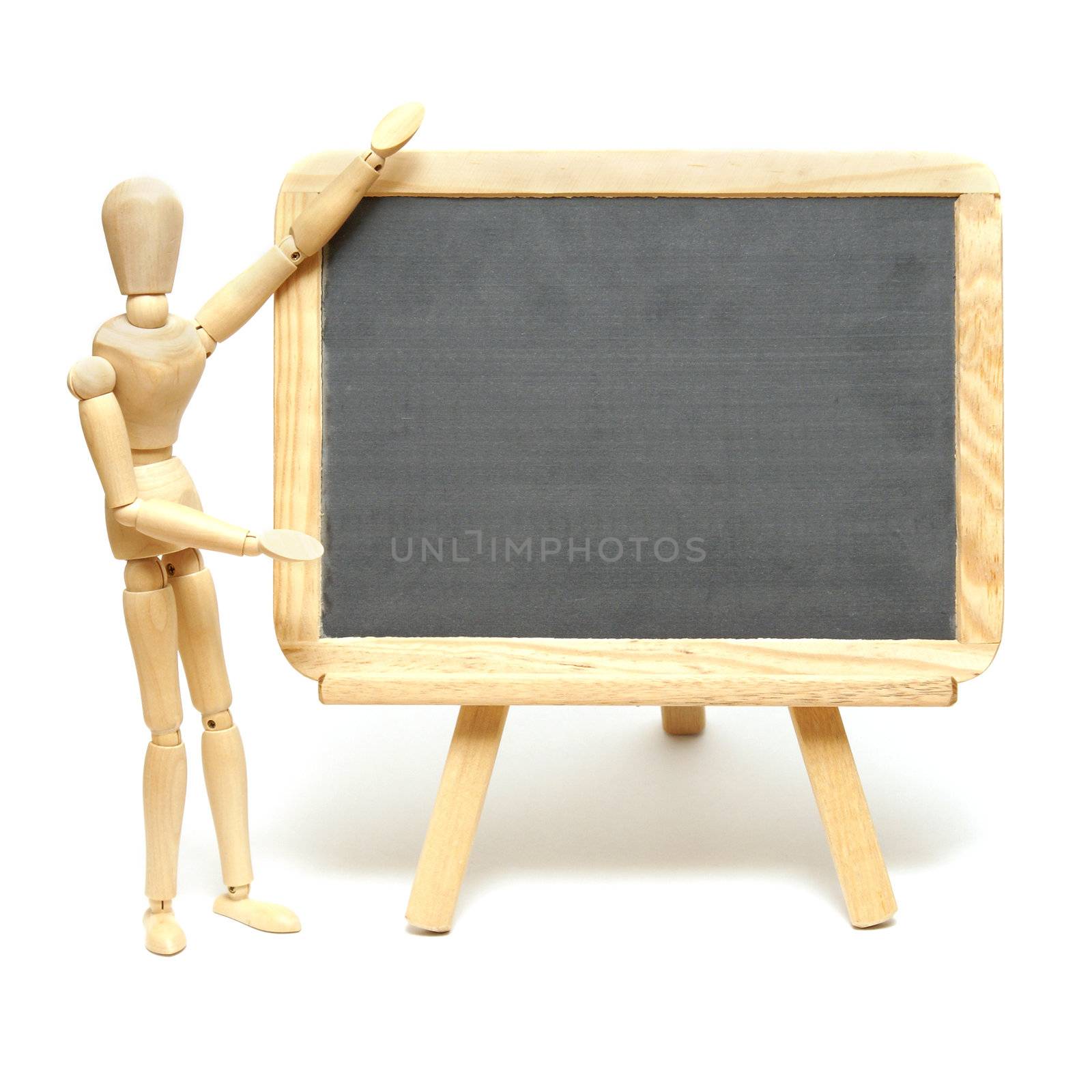 A mannequin is presenting a blackboard with space for your message.