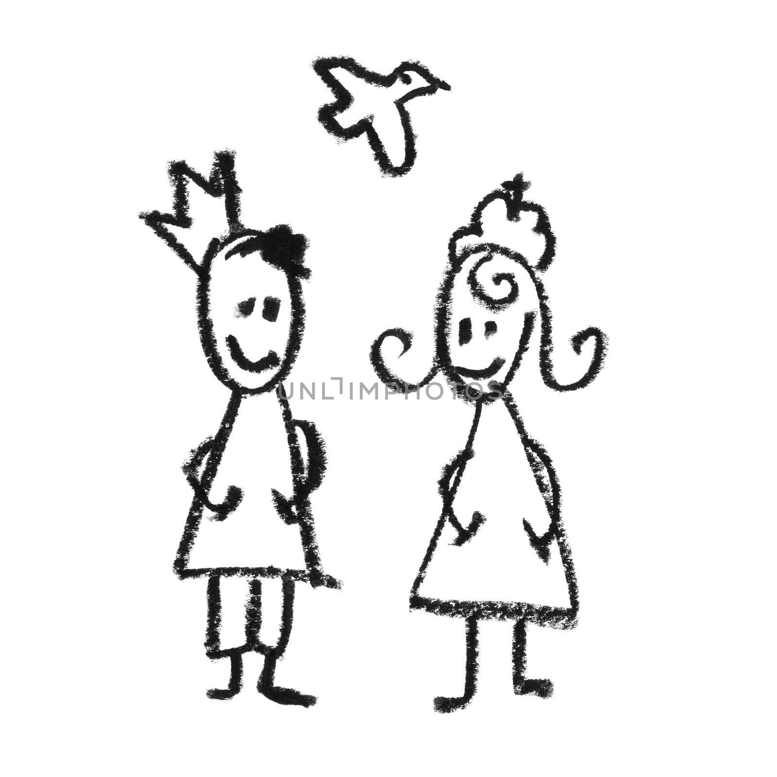 King and queen with flying dove doodles drawing.  by pashabo
