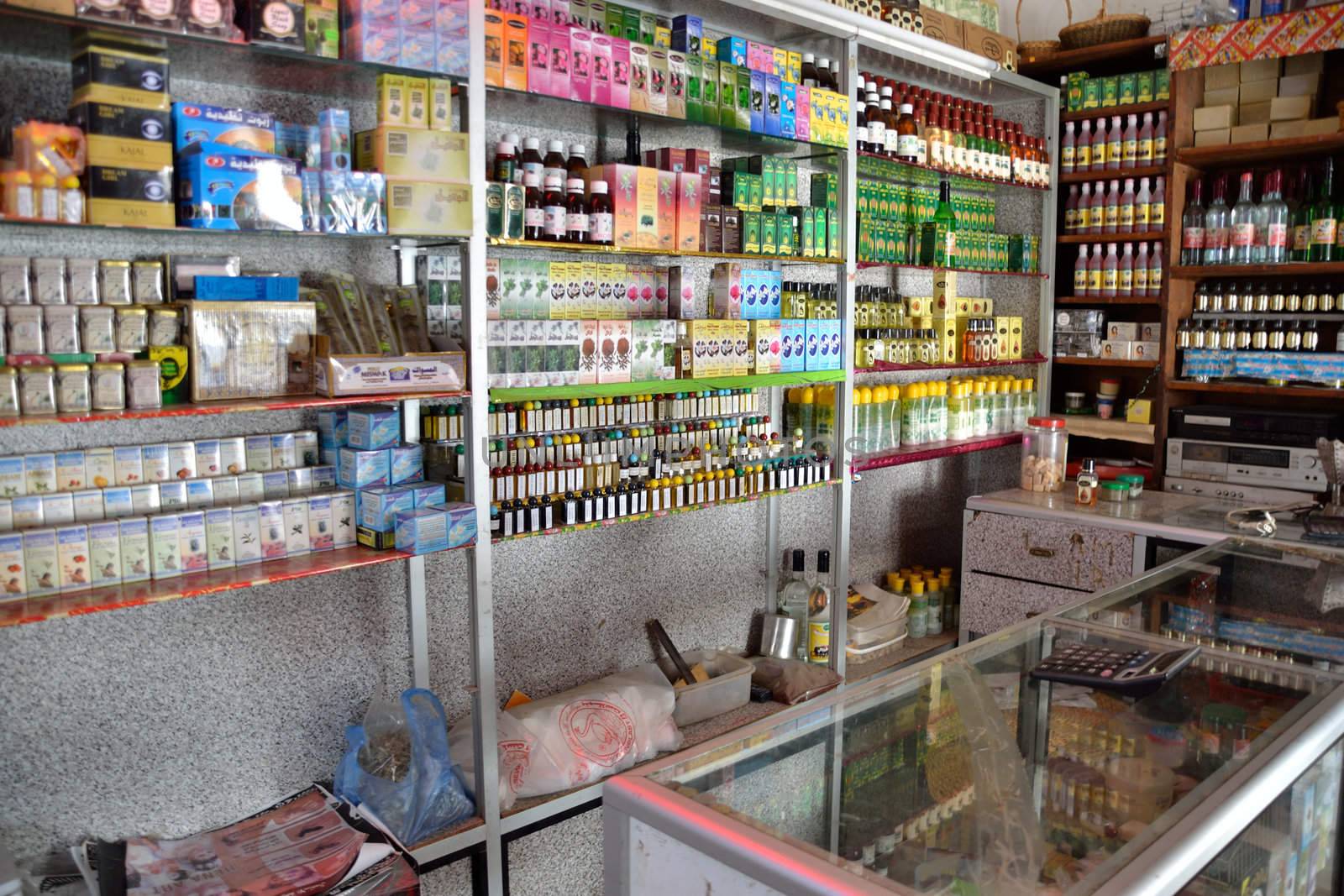 Arab pharmacy selling medical products without prescription in Tunisia.