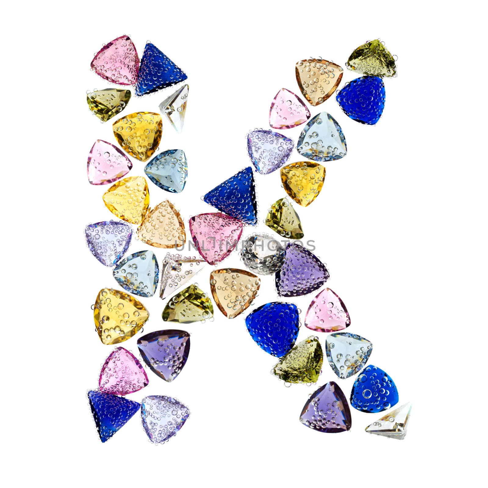 Gemstones alphabet, letter K. Isolated on white background. by pashabo
