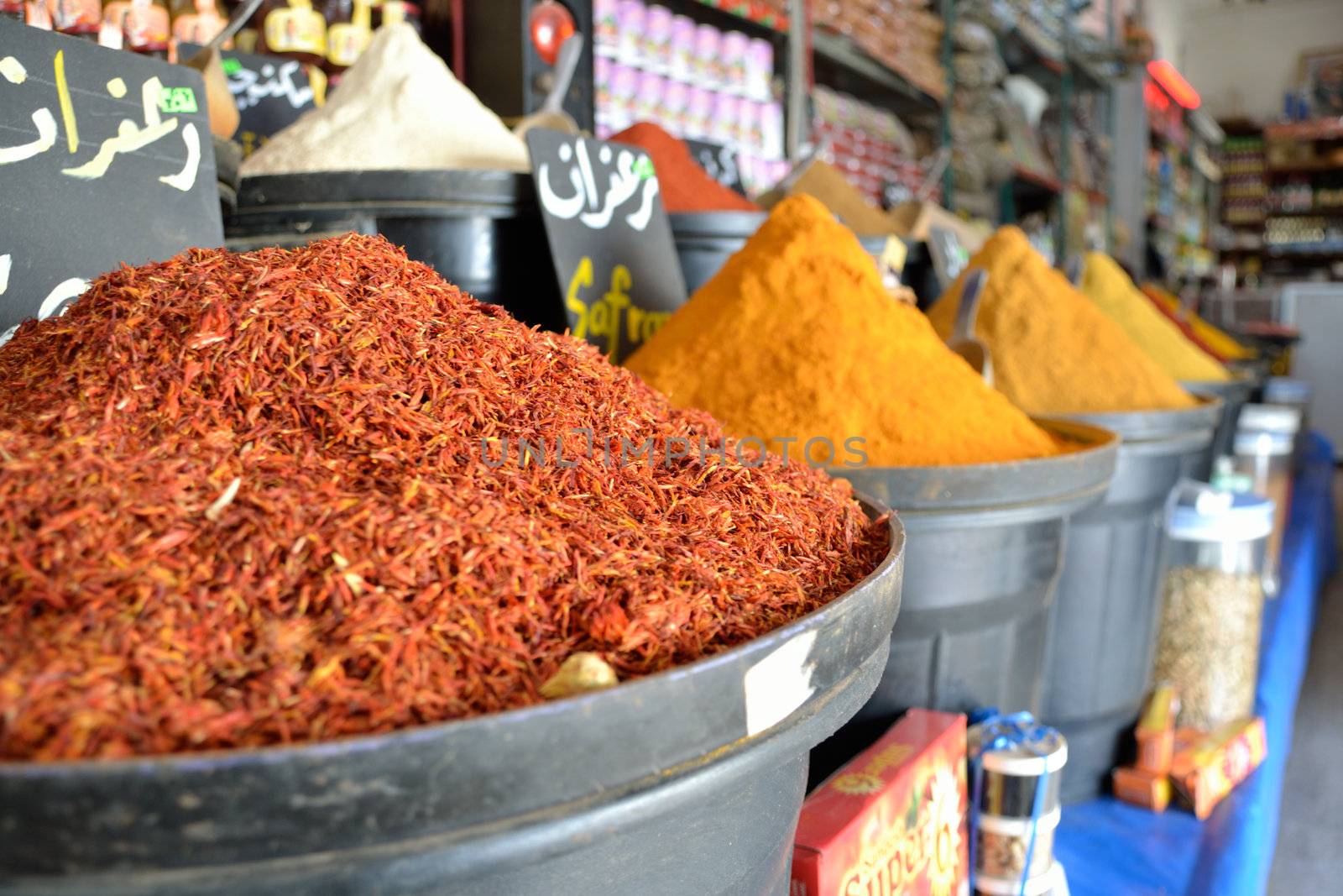 Safran and other spices at tunisian market.