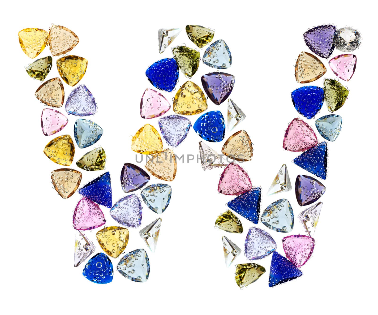 Gemstones alphabet, letter W. Isolated on white background.