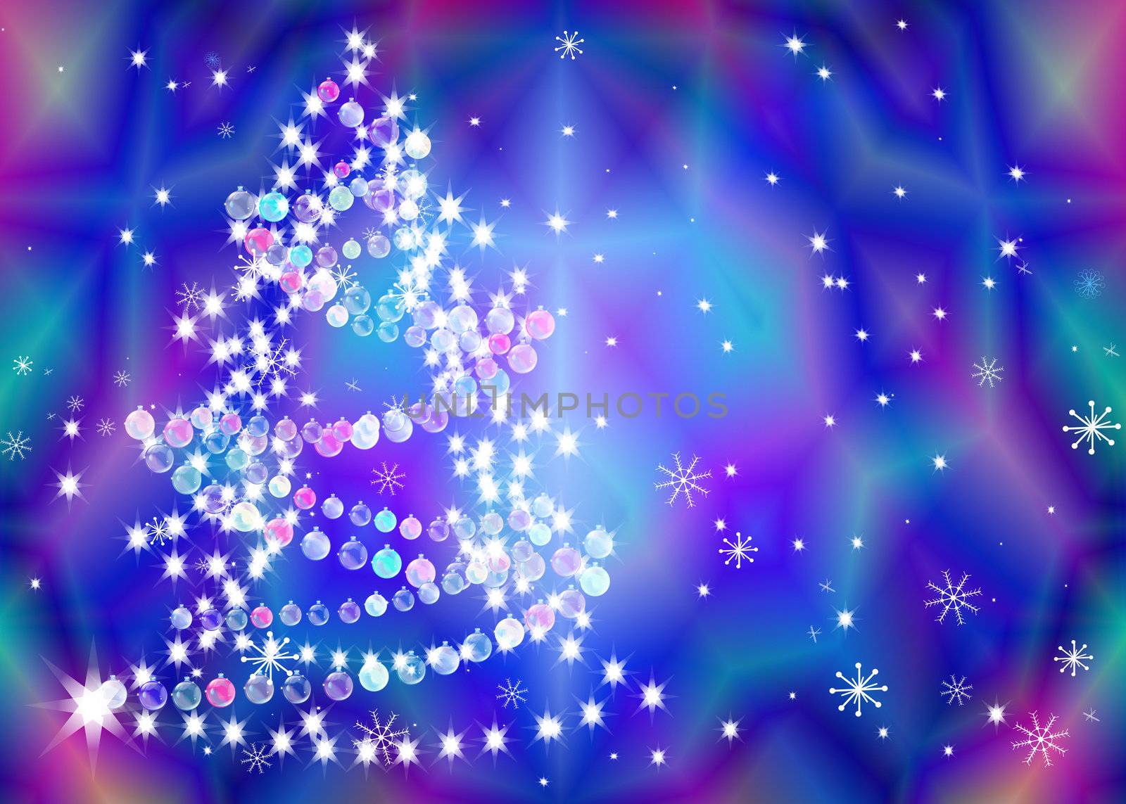 New Year's celebratory fur-tree with a garland on a bright abstract background