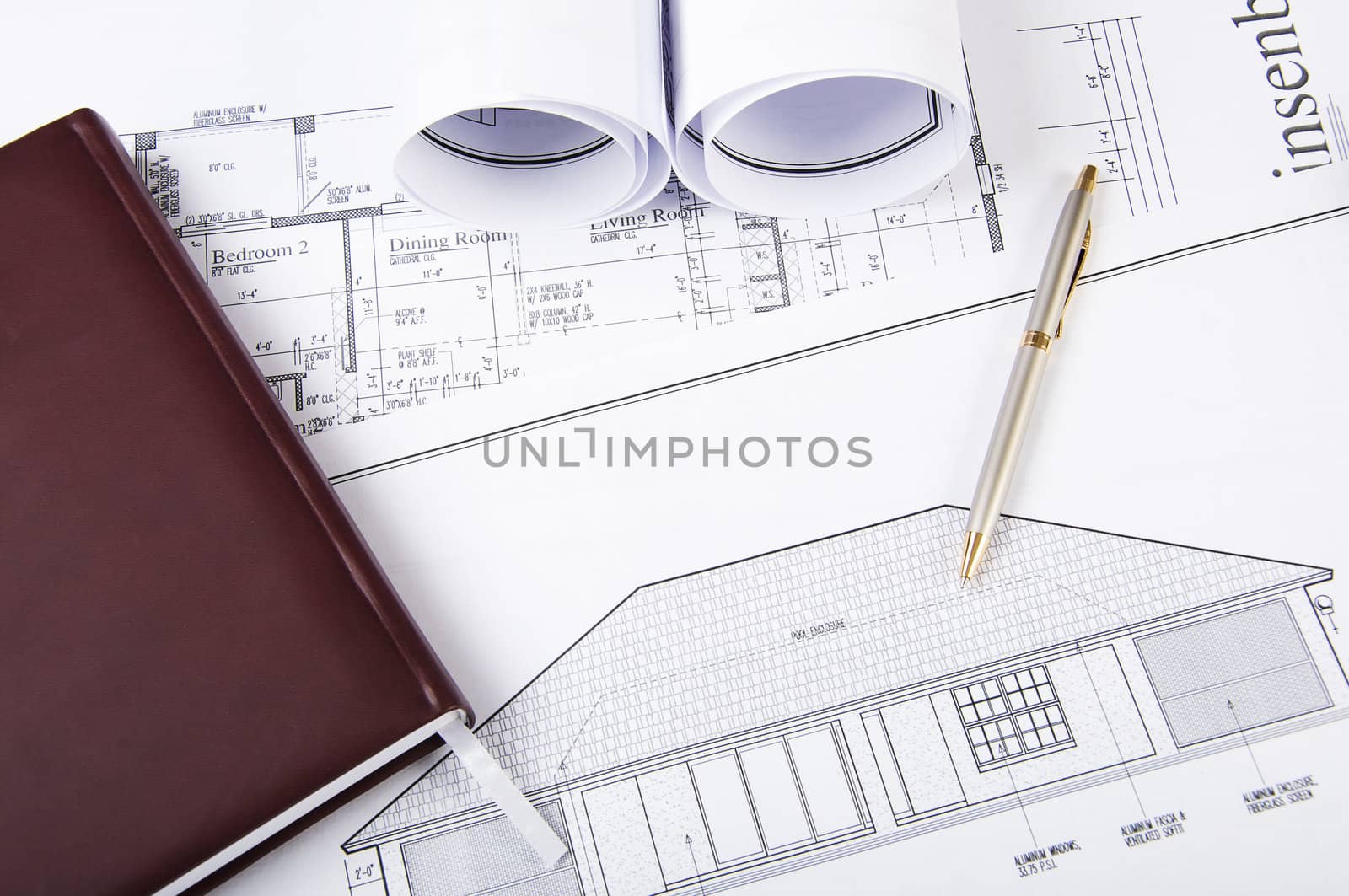 Construction plans, pen, notepad by adam121