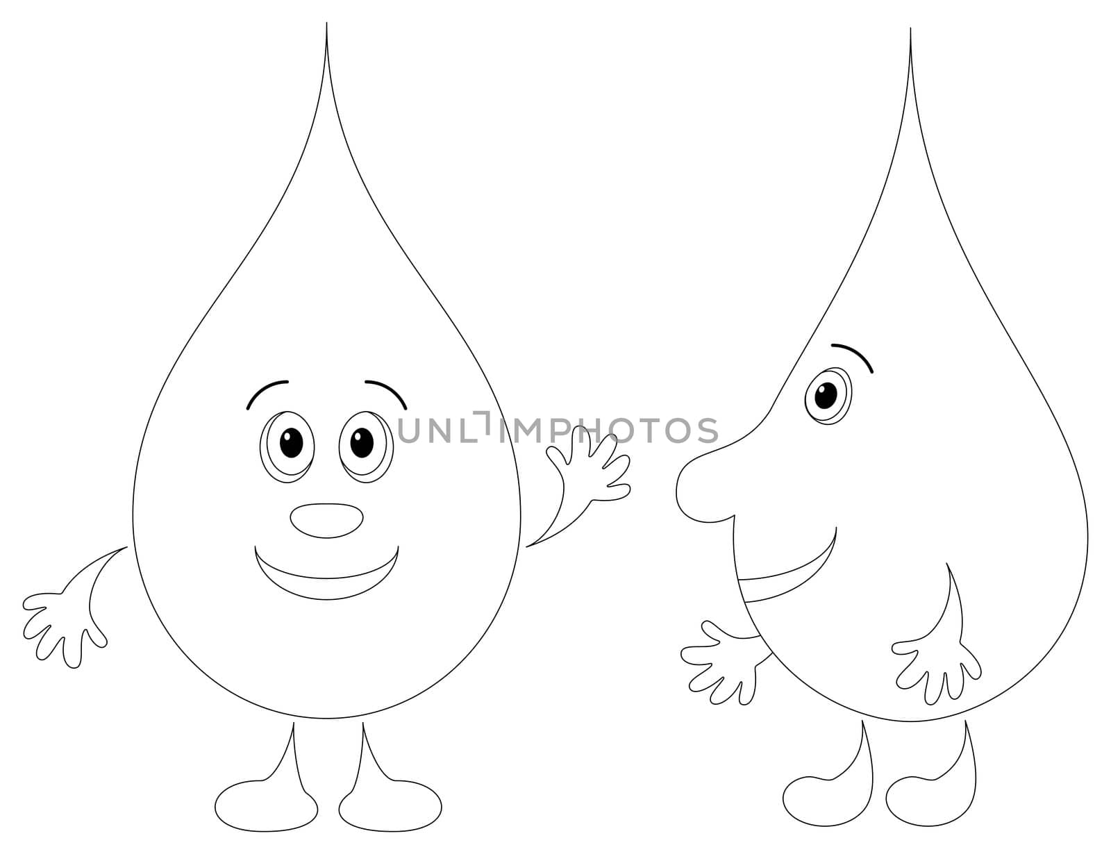 cartoon, contours: cheerful water drops friends have met and stretch each other hands