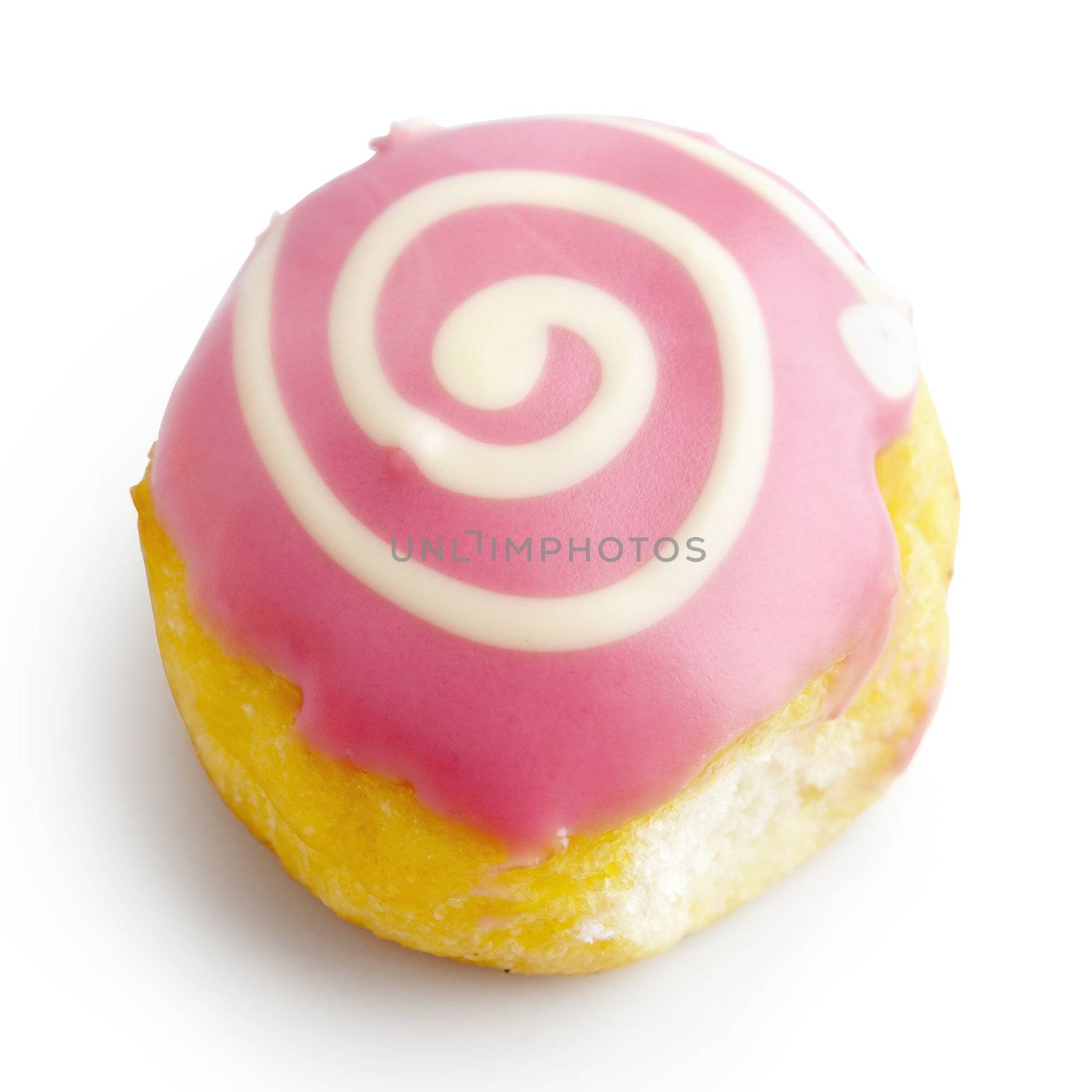 Pink iced baby donut on white background