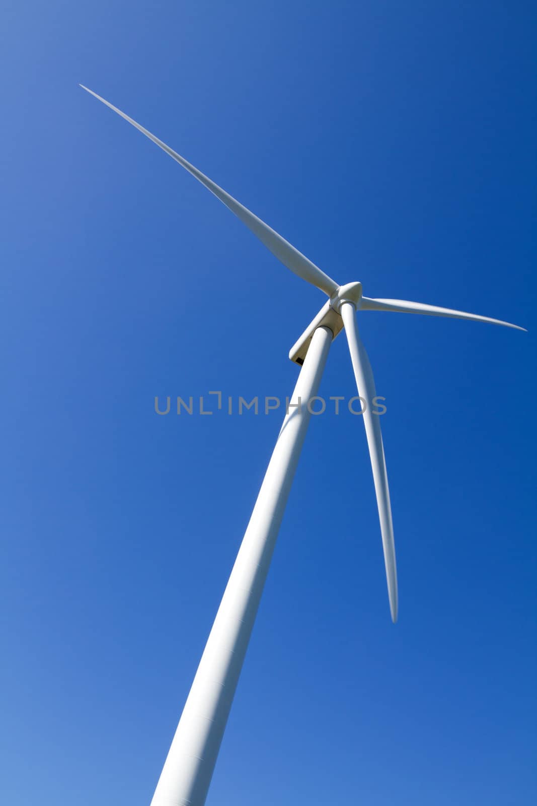 Wind turbine under clear blue sky by chrisroll