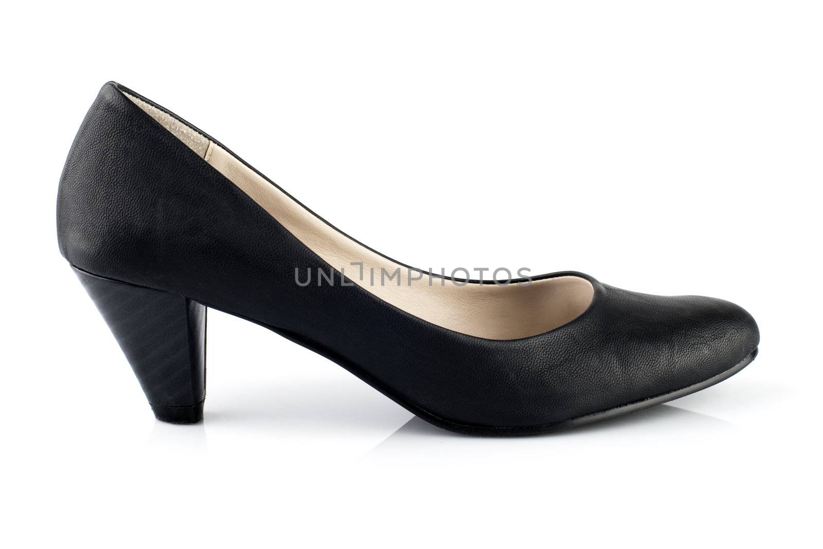 Black leather high heels pumps on white background