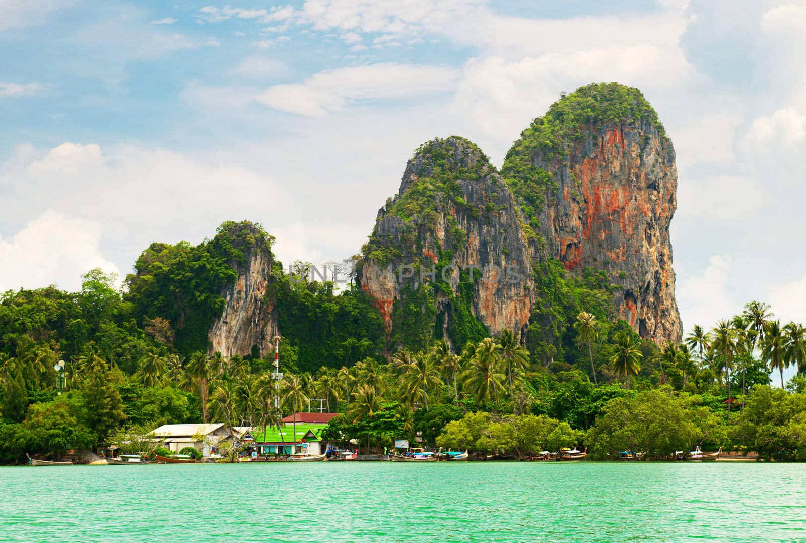 High cliffs on the tropical island. Exotic tropical landscape.