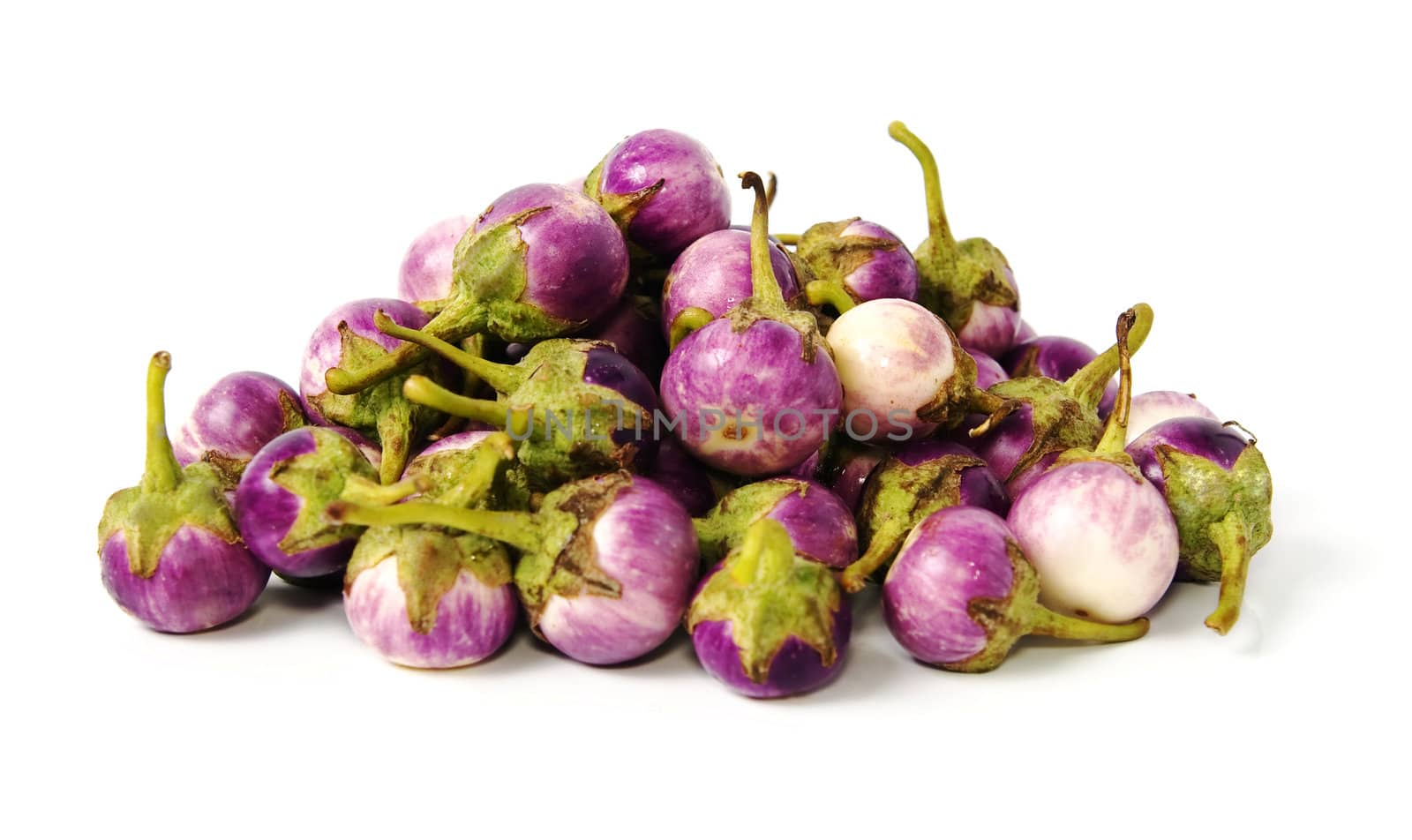 Group of small Egg-plants. Aubergine. Isolated over white.