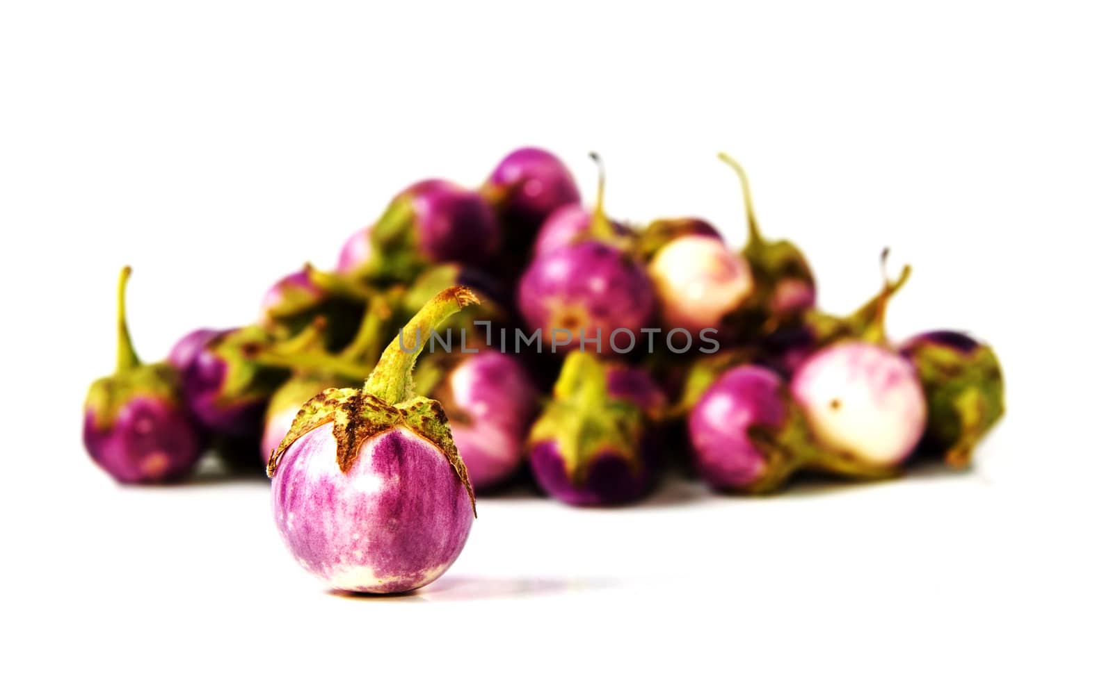 Group of small Egg-plants. Aubergine. Isolated over white.