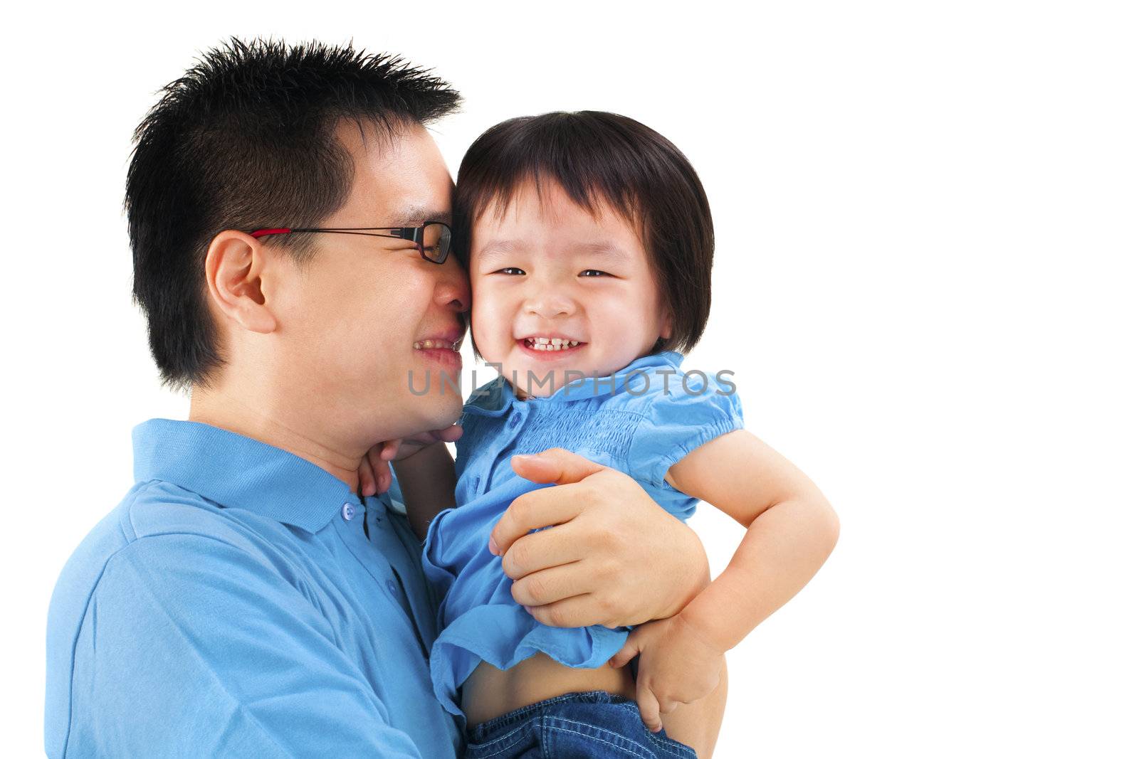 Happy father and daughter on white background