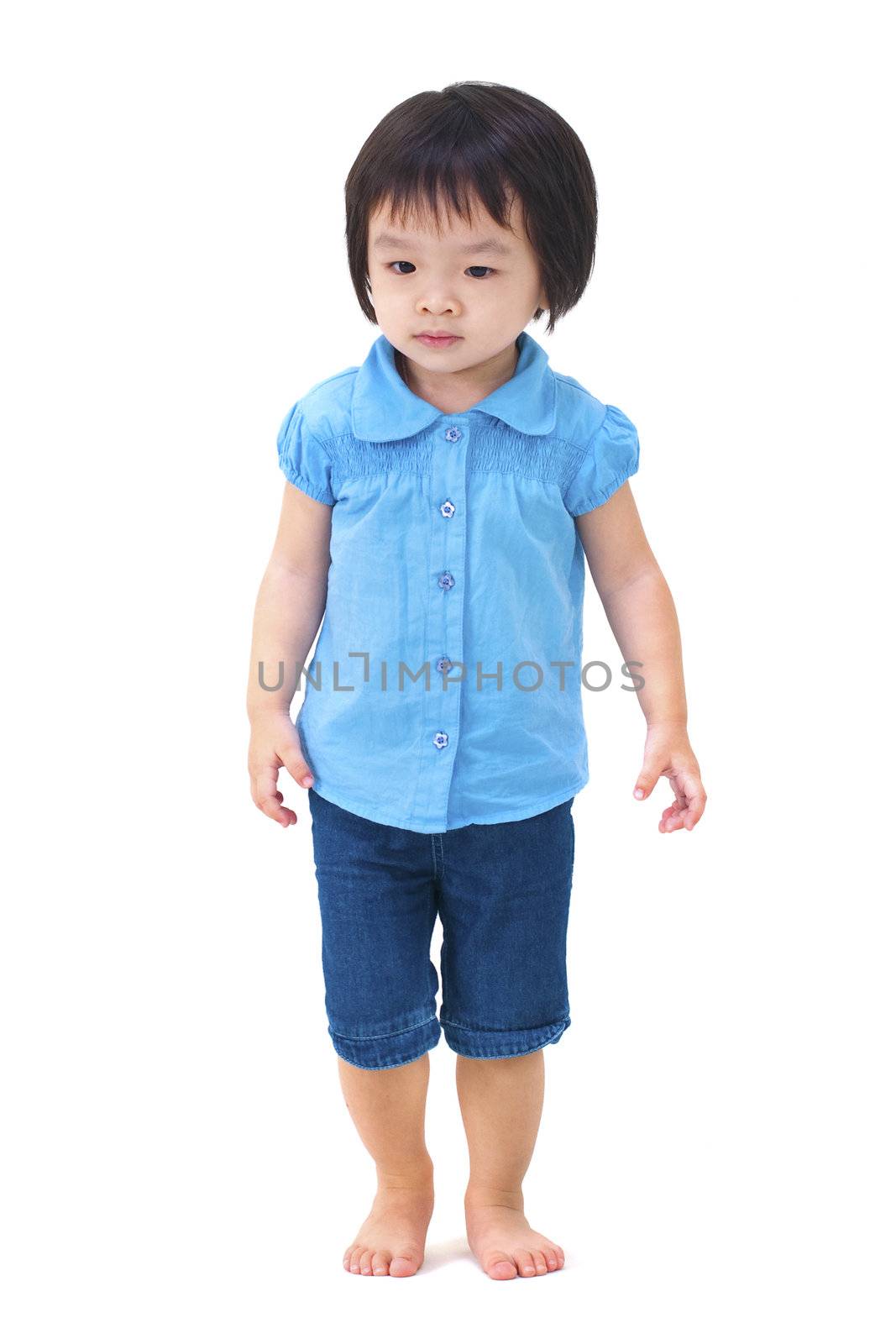 Full body of little Asian girl walking on white background