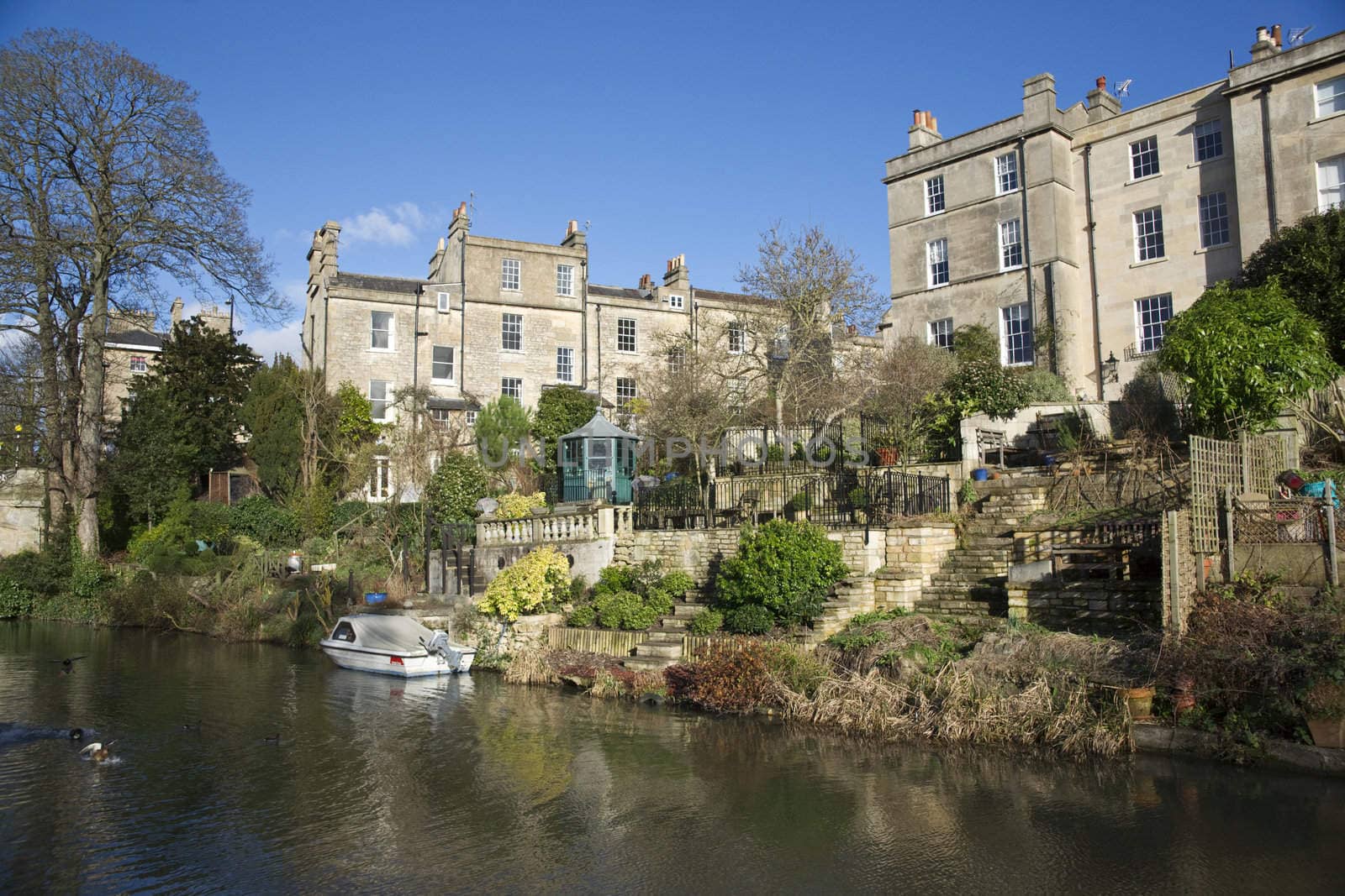 Kennet and Avon Canal running through the historic city of Bath in Somerset, England