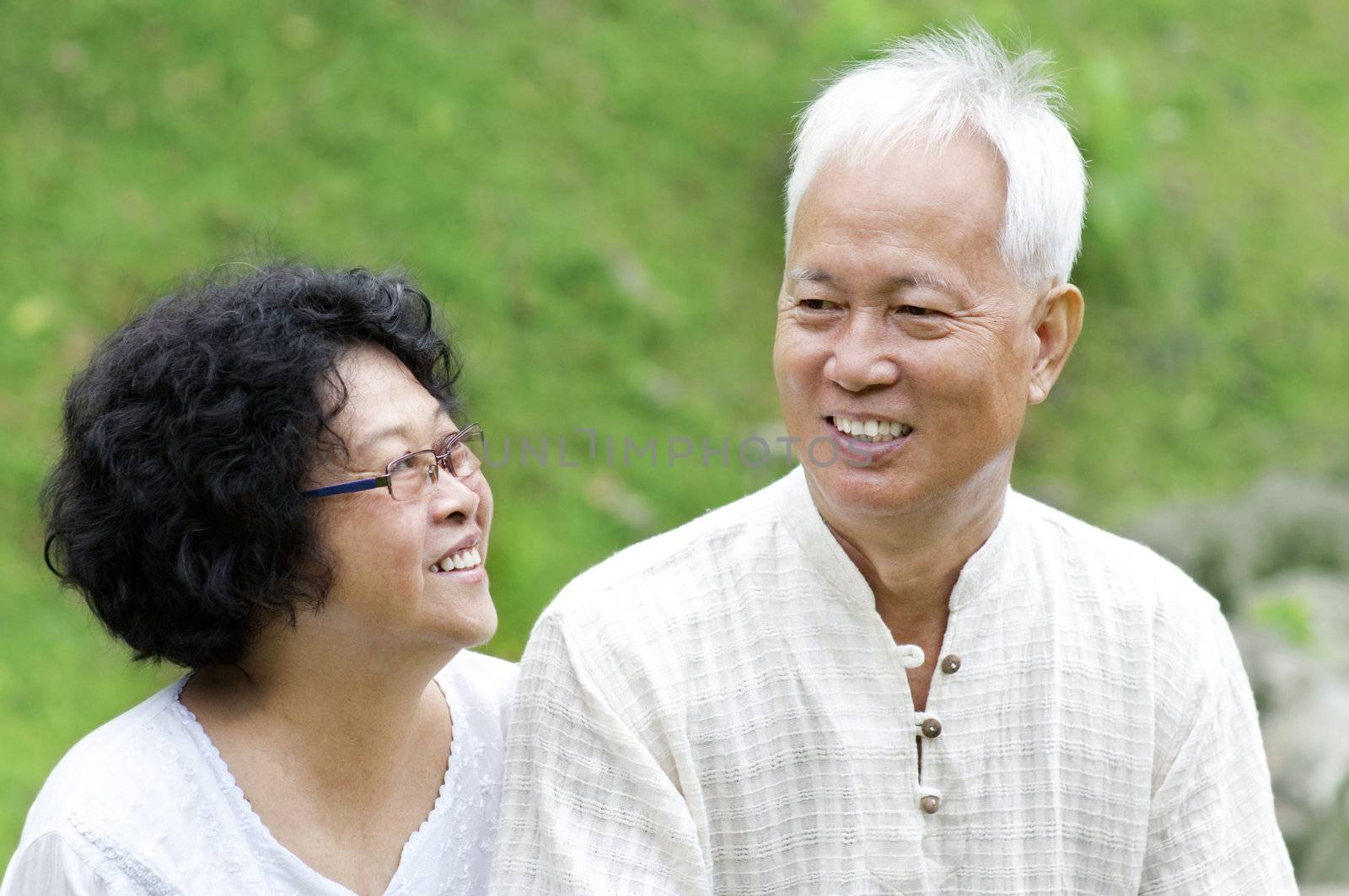 Asian Senior Couple talking at outdoor park