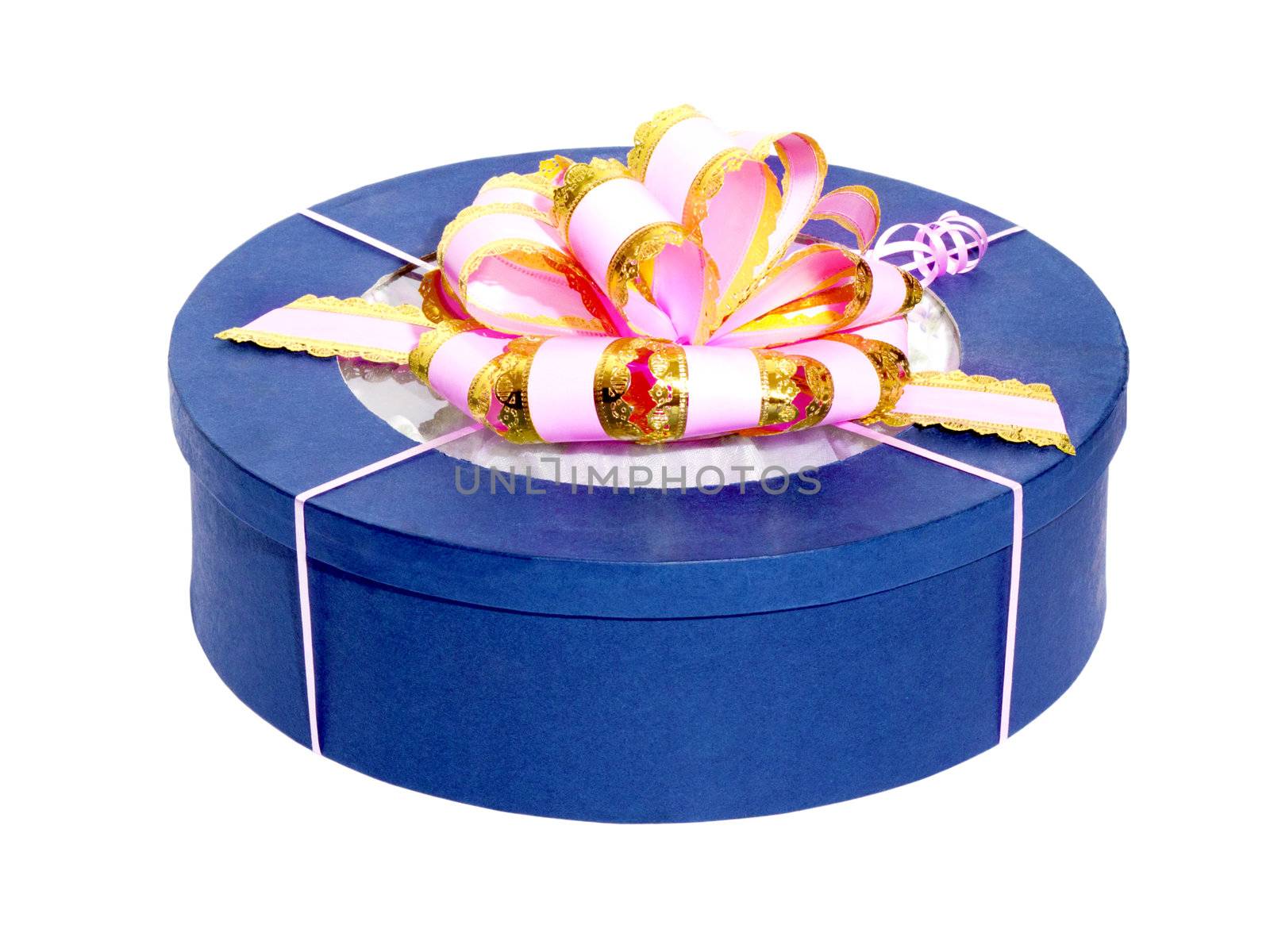 round blue gift box with pink bow